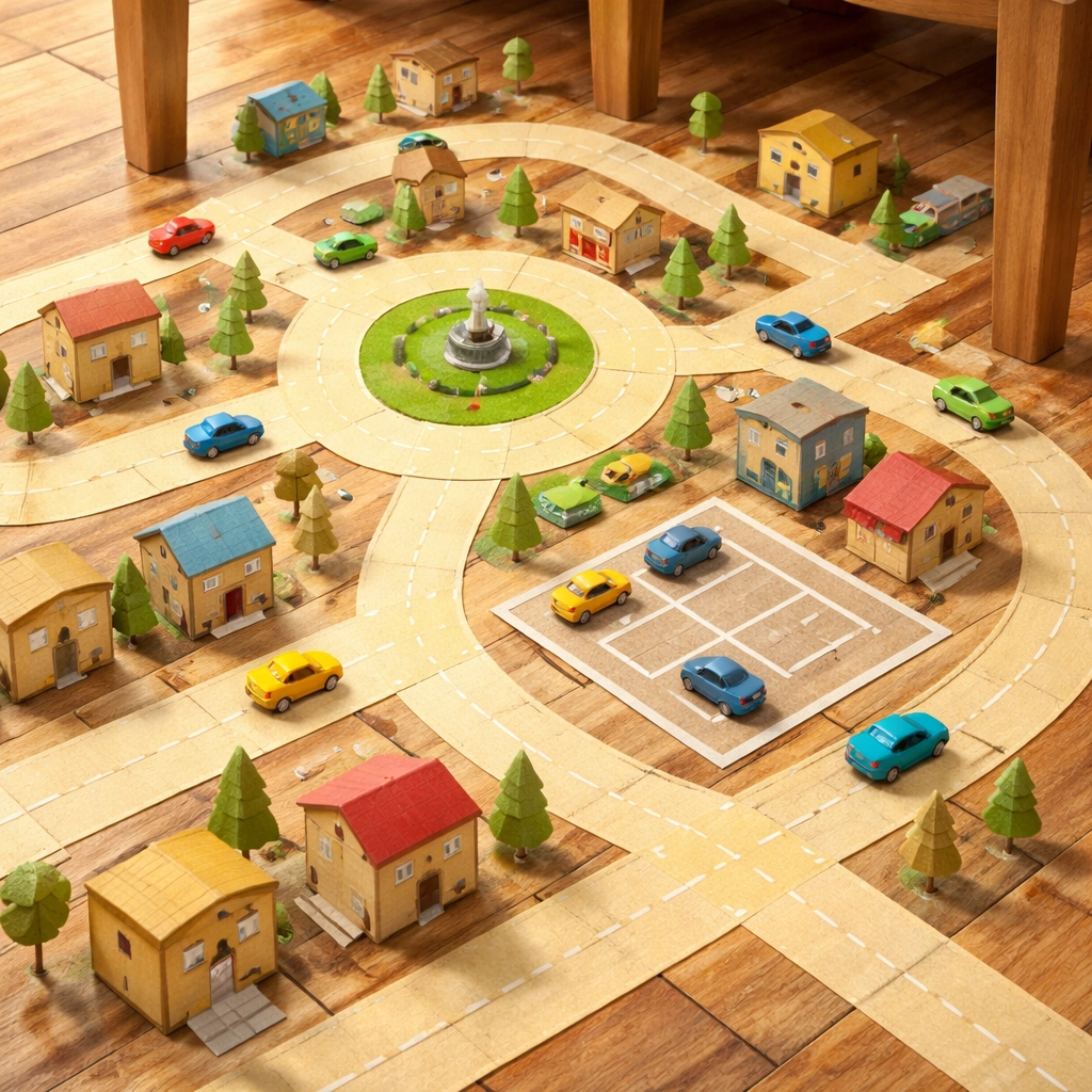 Bird's-eye view of an elaborate masking tape road city with roundabouts, parking lot, and toy vehicles for kids.