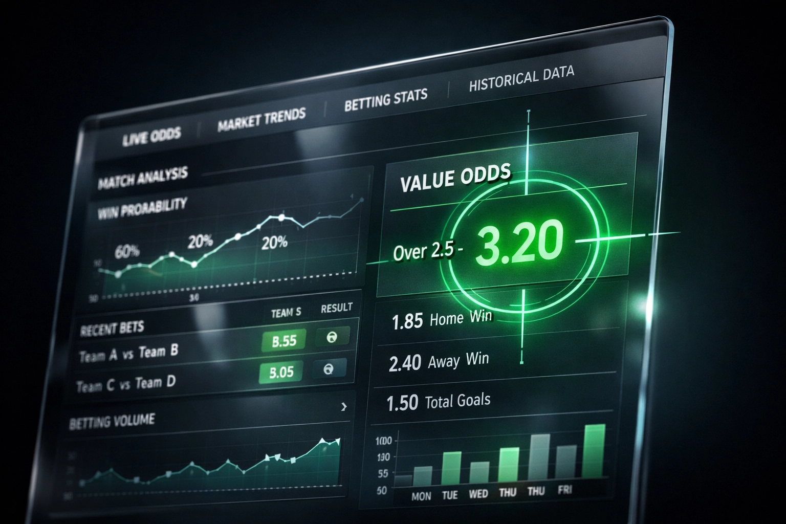 AI-powered betting dashboard highlighting market value and football betting opportunities.
