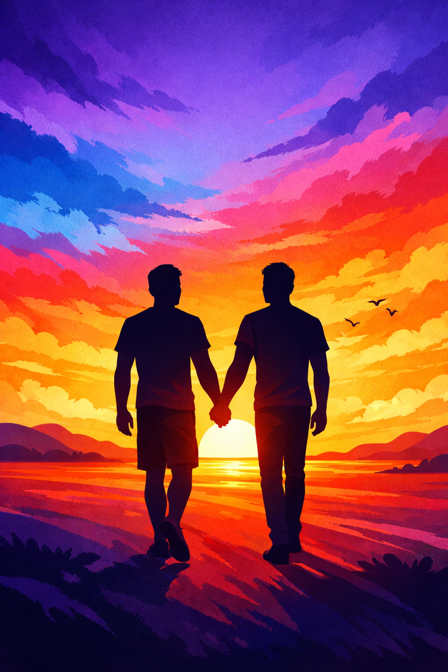 Silhouette of two men holding hands against a pride rainbow sunset, representing the journey of the Modern Gay Kamasutra.