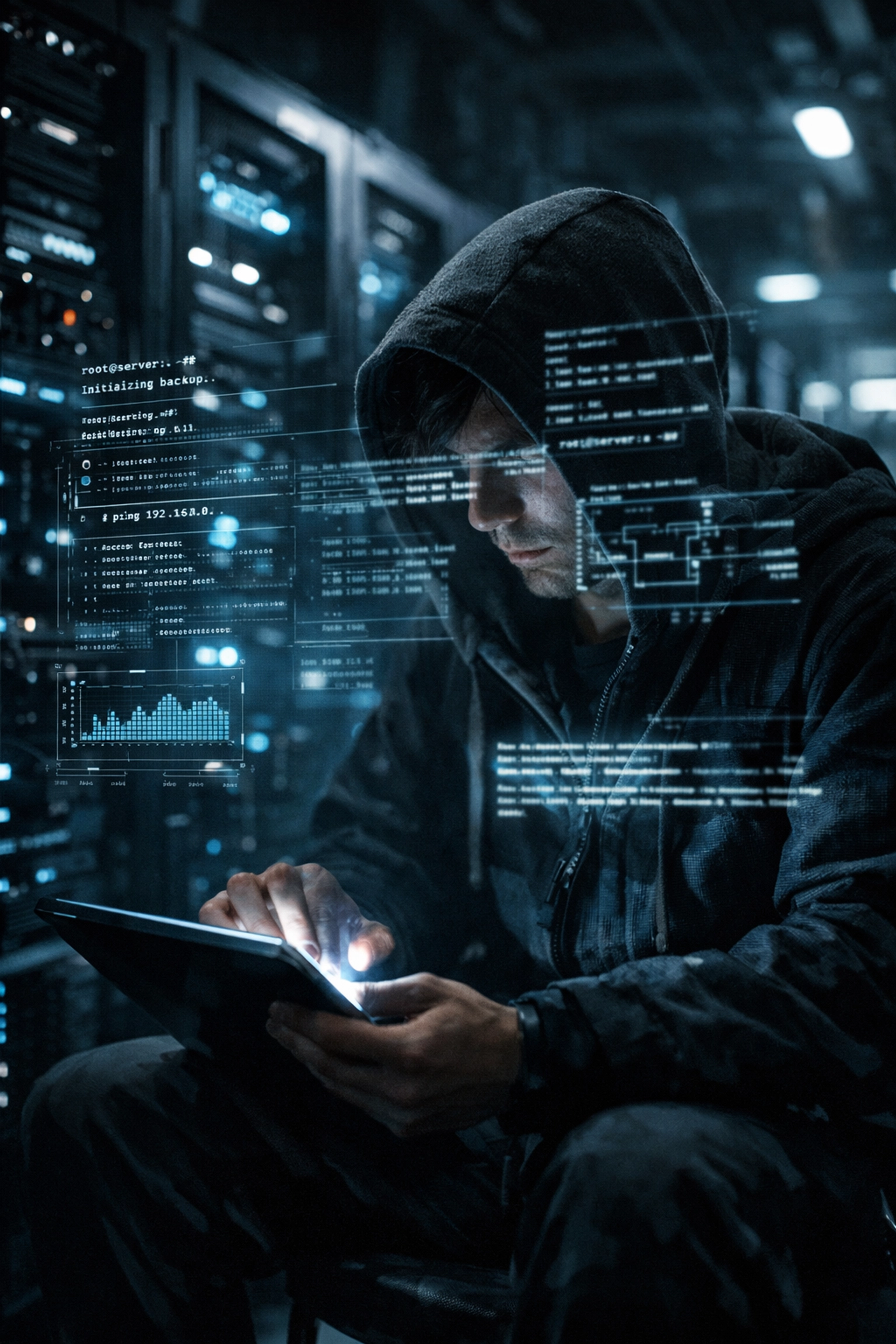 IT professional performing manual dedicated server management in a futuristic data center.