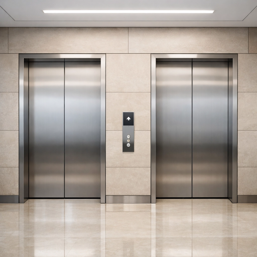 Maintained elevator bank in a Detroit office building showing high-standard professional cleaning.