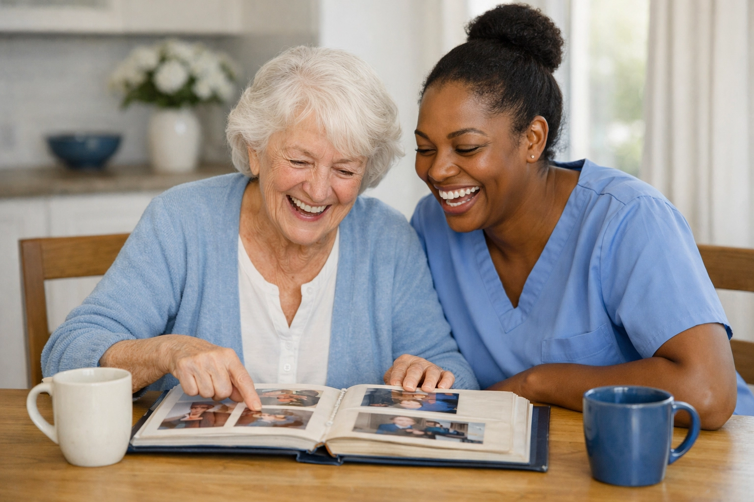 In-home caregiver building relationship with senior client through personalized companion care
