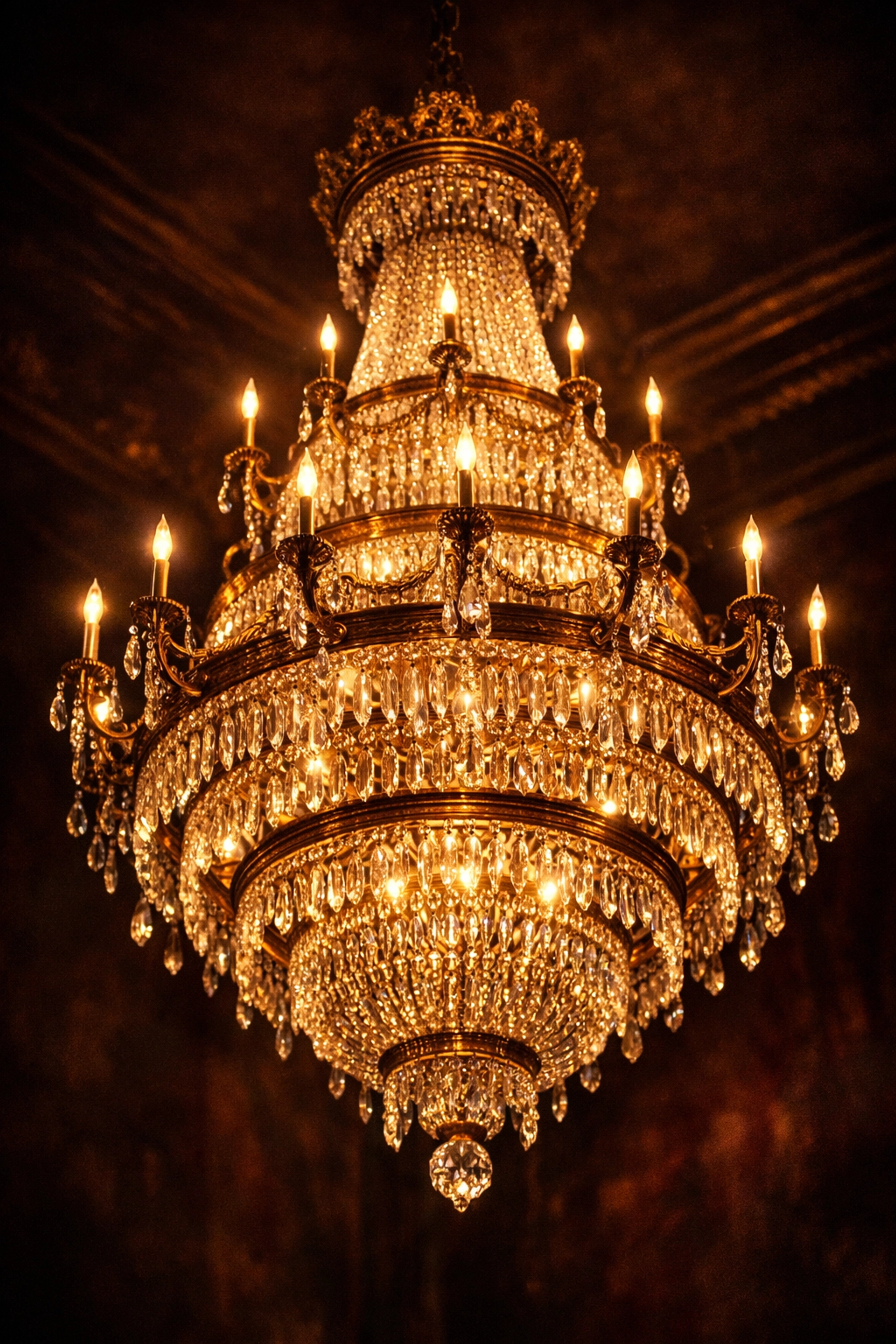 Antique 1920s crystal chandelier with brass framework at our Knoxville antique store.