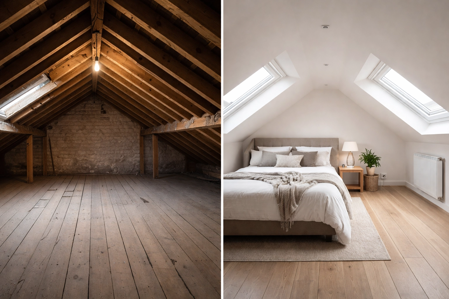 Before and after loft conversion transformation showing empty attic to finished bedroom