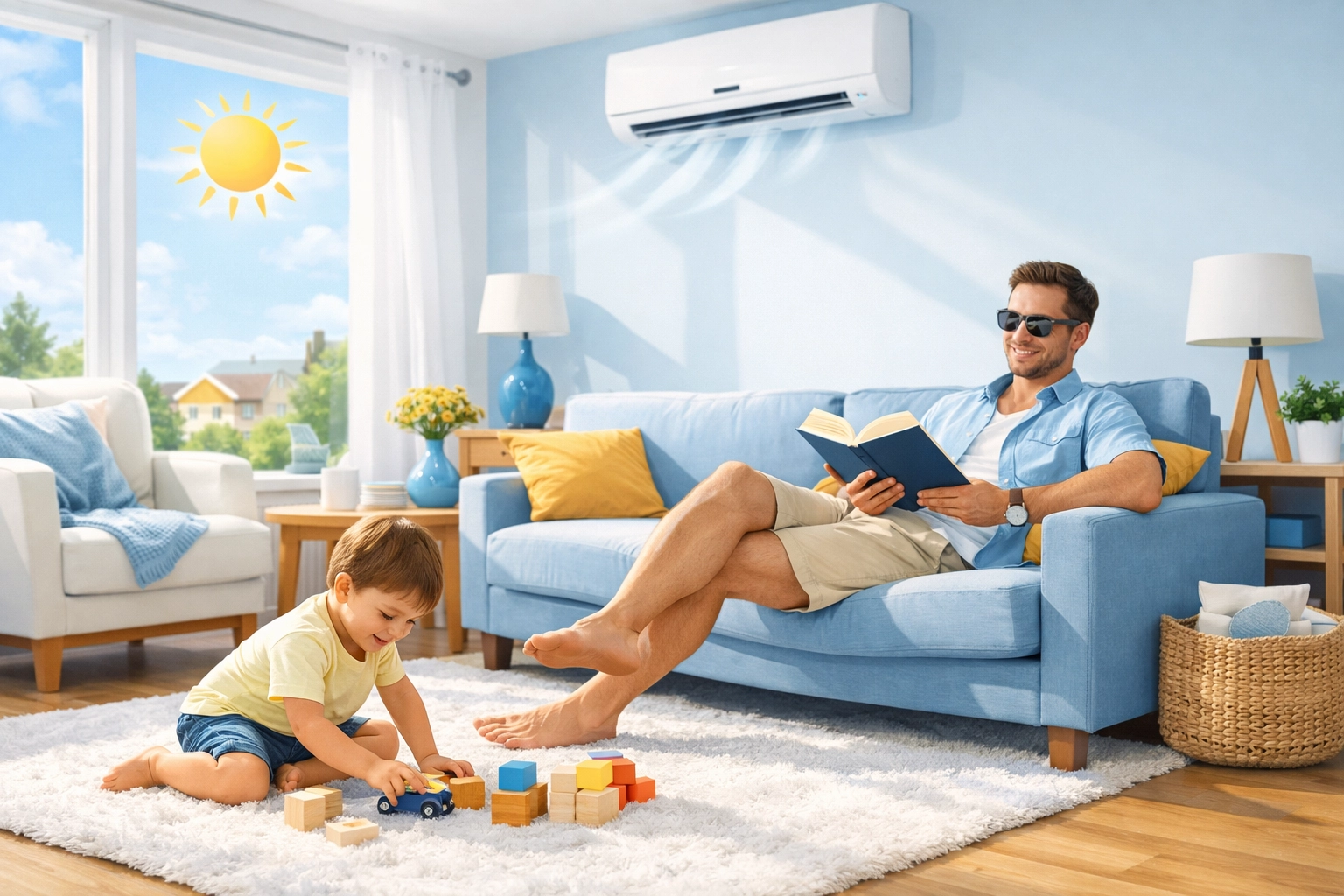 Happy family relaxing in a cool Buffalo home after a professional HVAC tune up in Tonawanda NY.