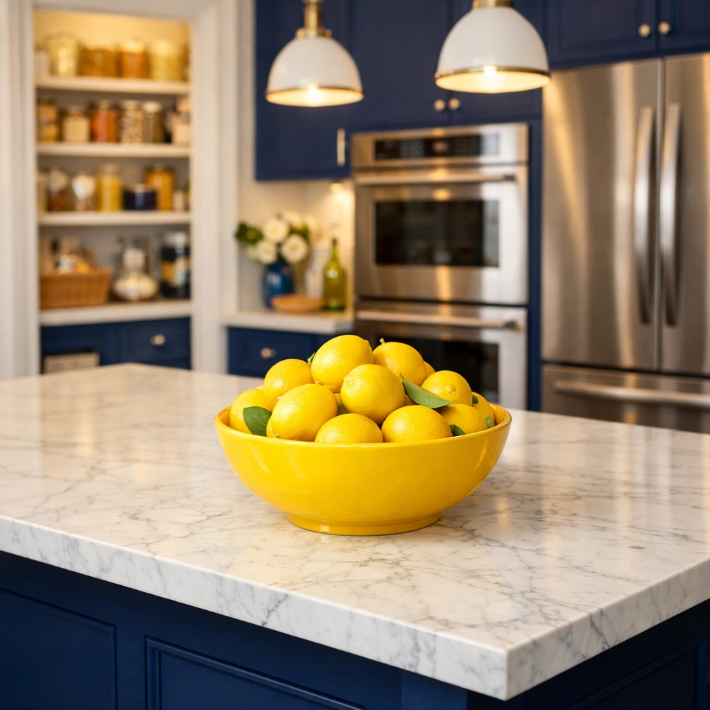 Detailed residential cleaning of a high-end marble kitchen island in a Wayland, MA home.