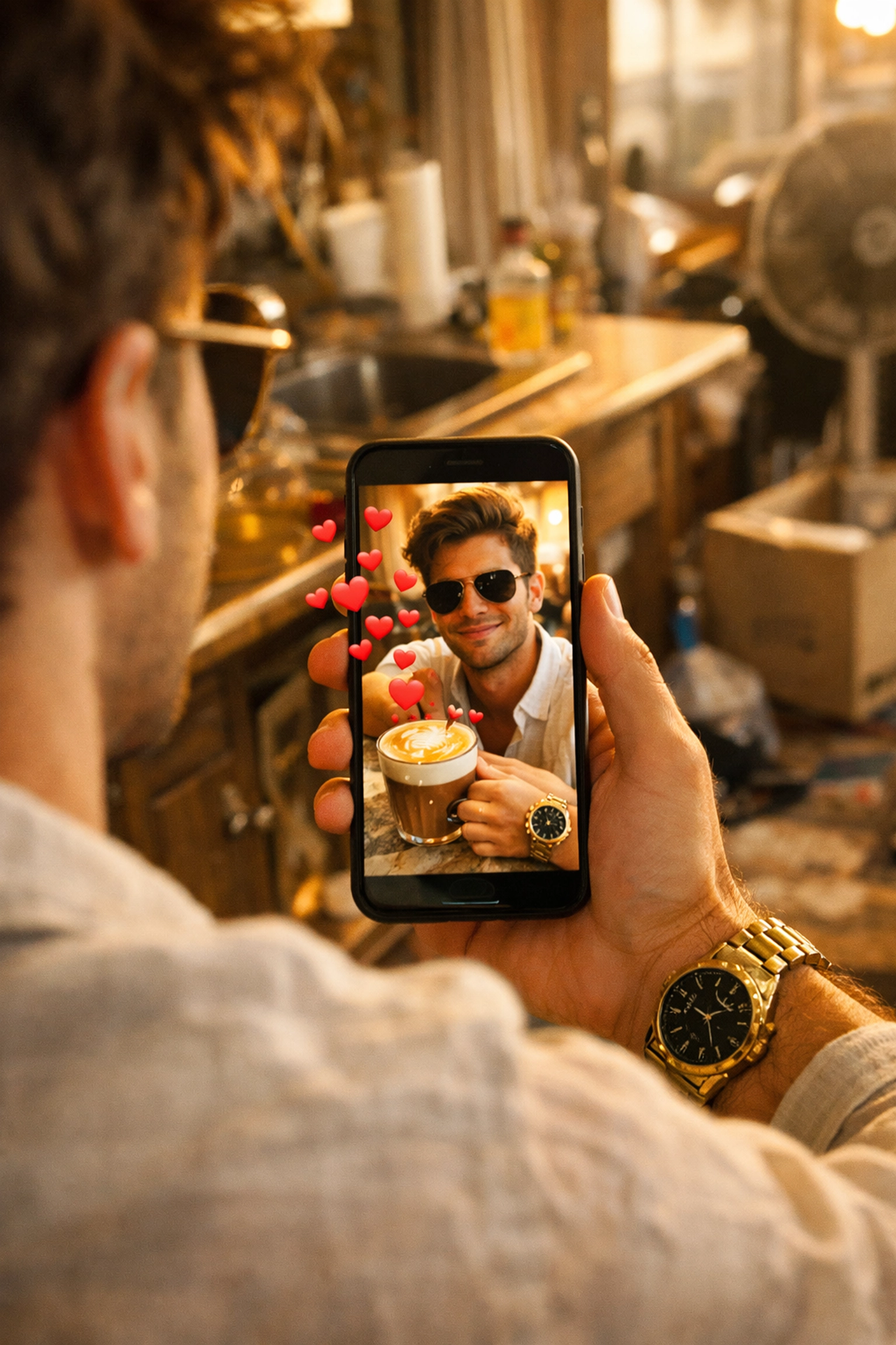 Millennial taking a luxury cafe selfie, illustrating the impact of lifestyle inflation and social media.