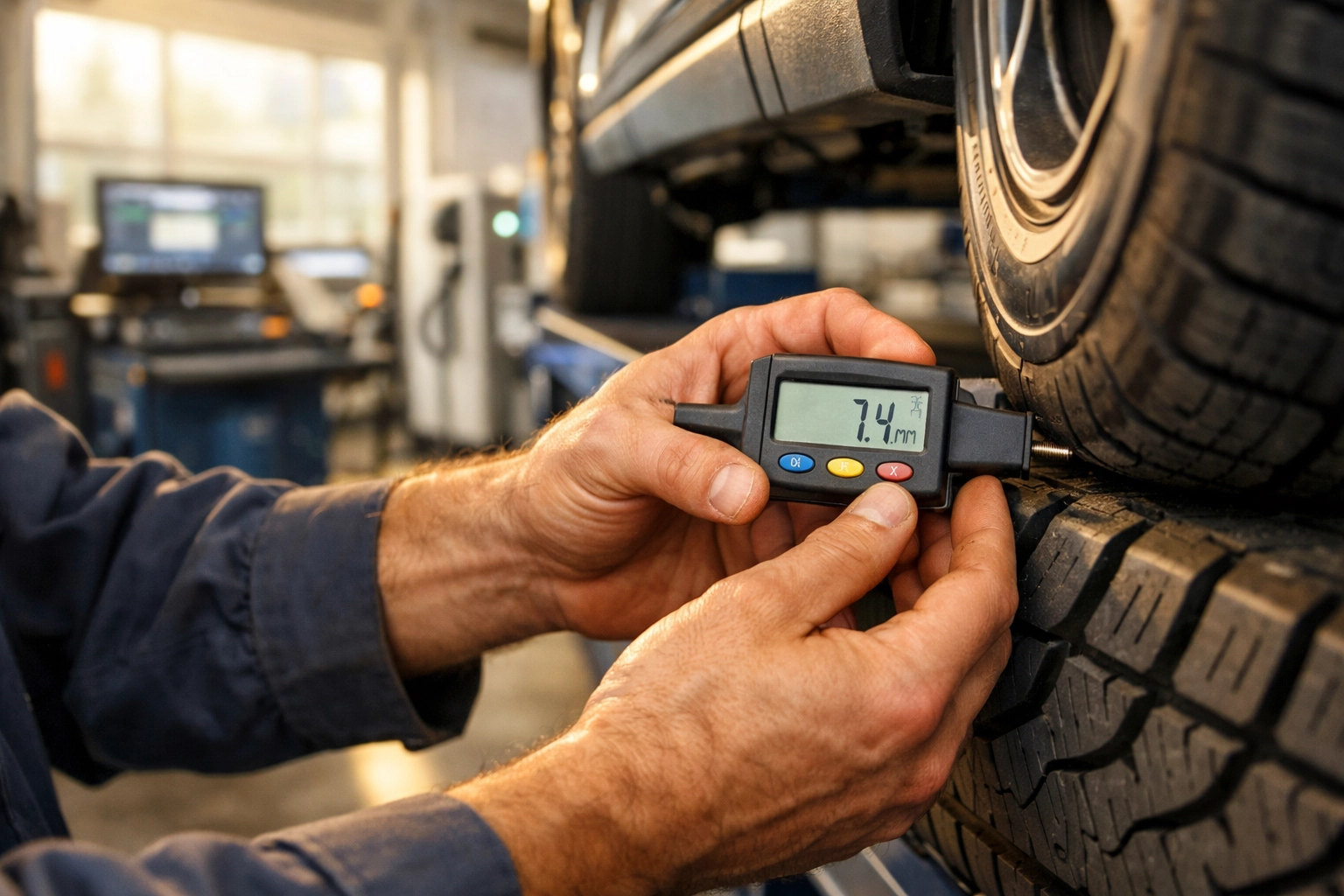 Auto technician using a tread depth gauge on an EV tire during a professional inspection in Duluth GA.