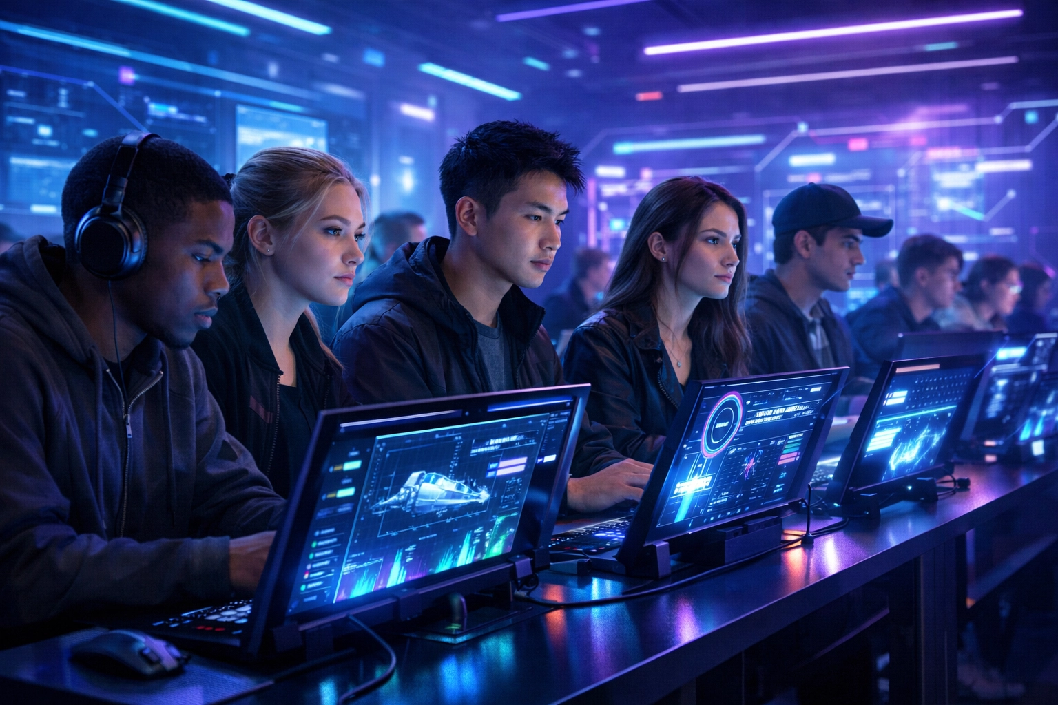 High school students training for future careers using immersive EsportsPod simulation pods in a modern classroom.