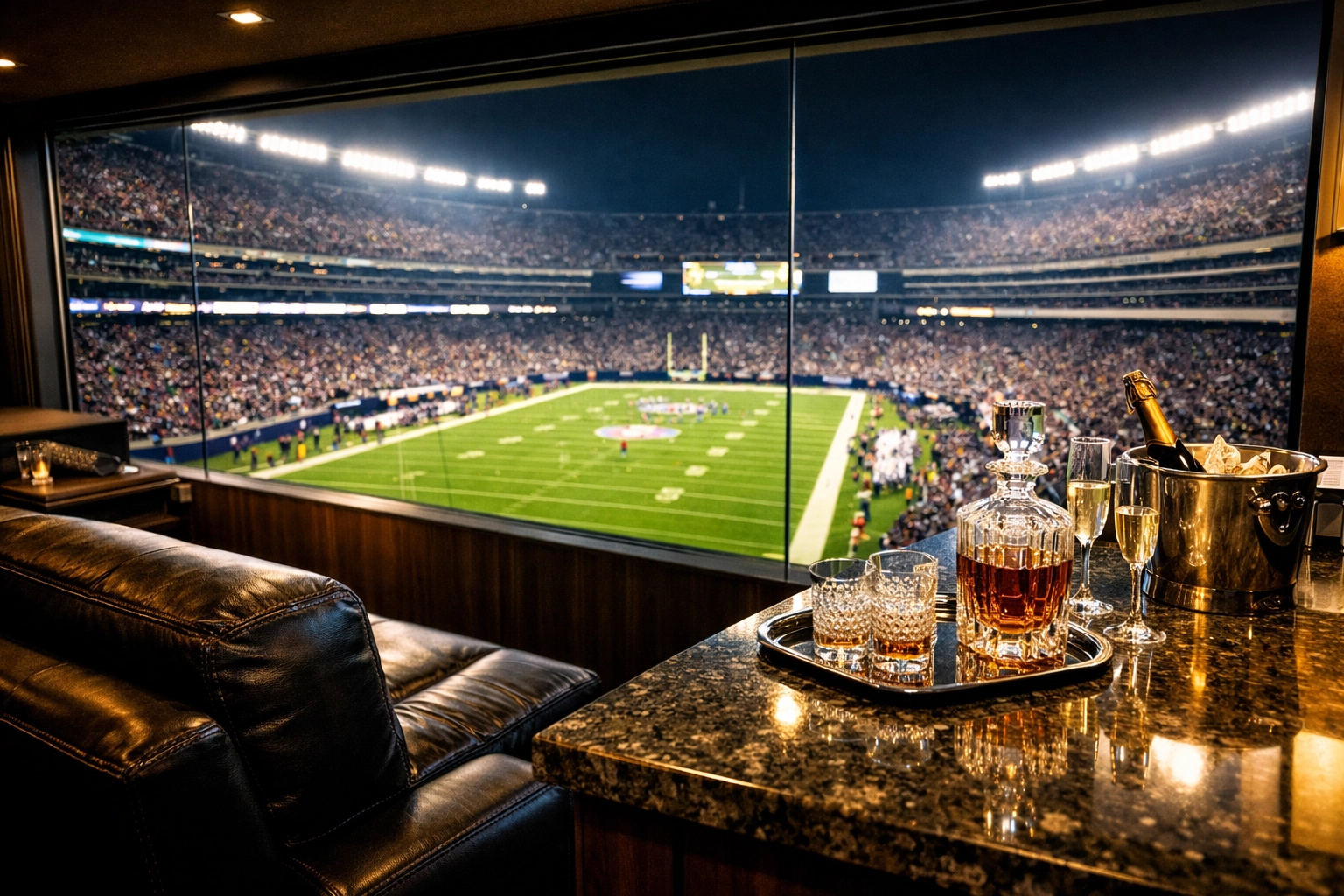 Luxury stadium suite interior overlooking the football field for Super Bowl executive hosting.
