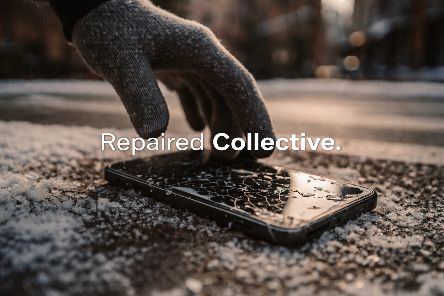 Cracked iPhone screen on snowy NYC sidewalk, winter salt texture, gloved hand reaching to pick it up — cinematic