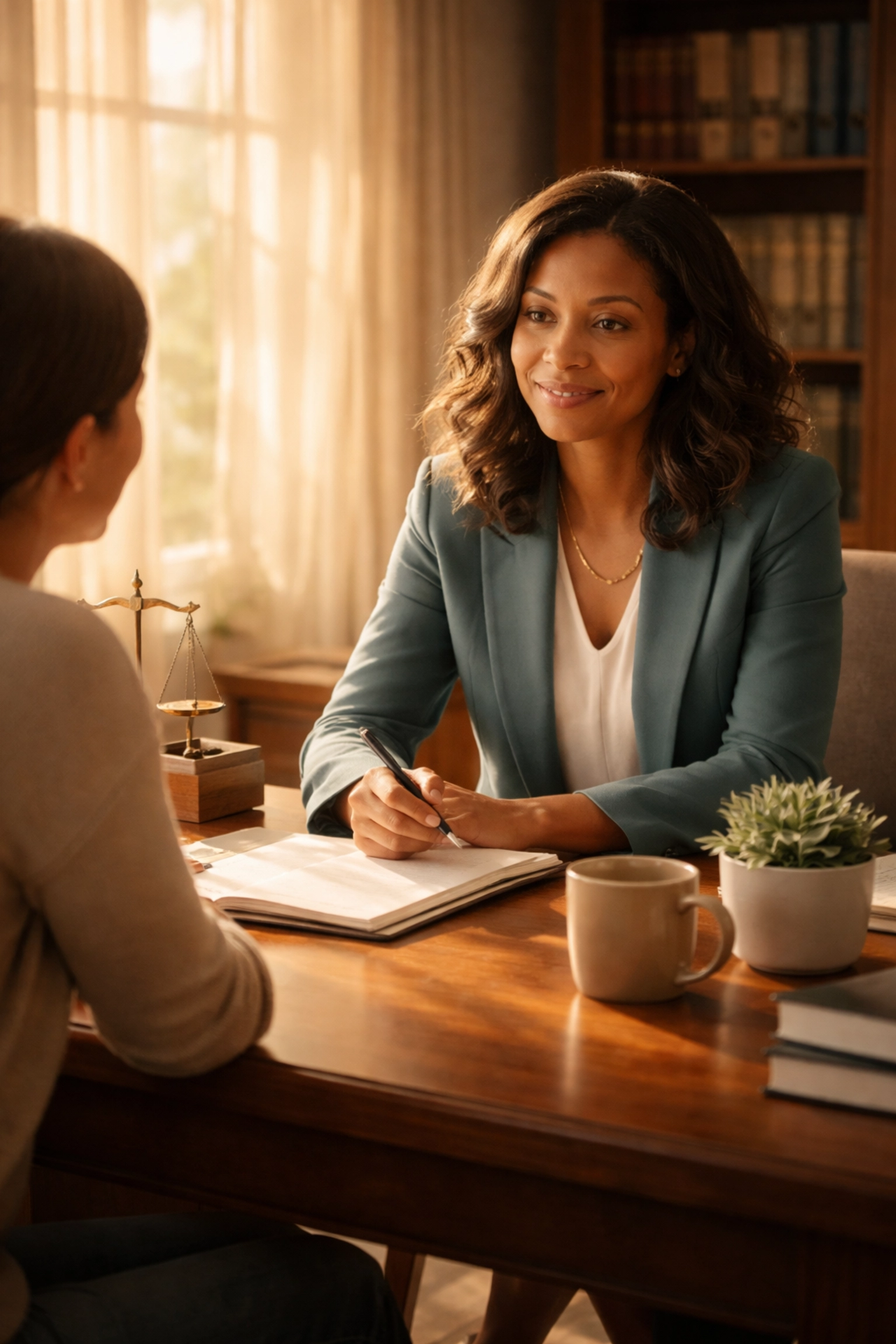A diverse attorney and client meet in a welcoming law office, discussing trans-friendly legal support options.