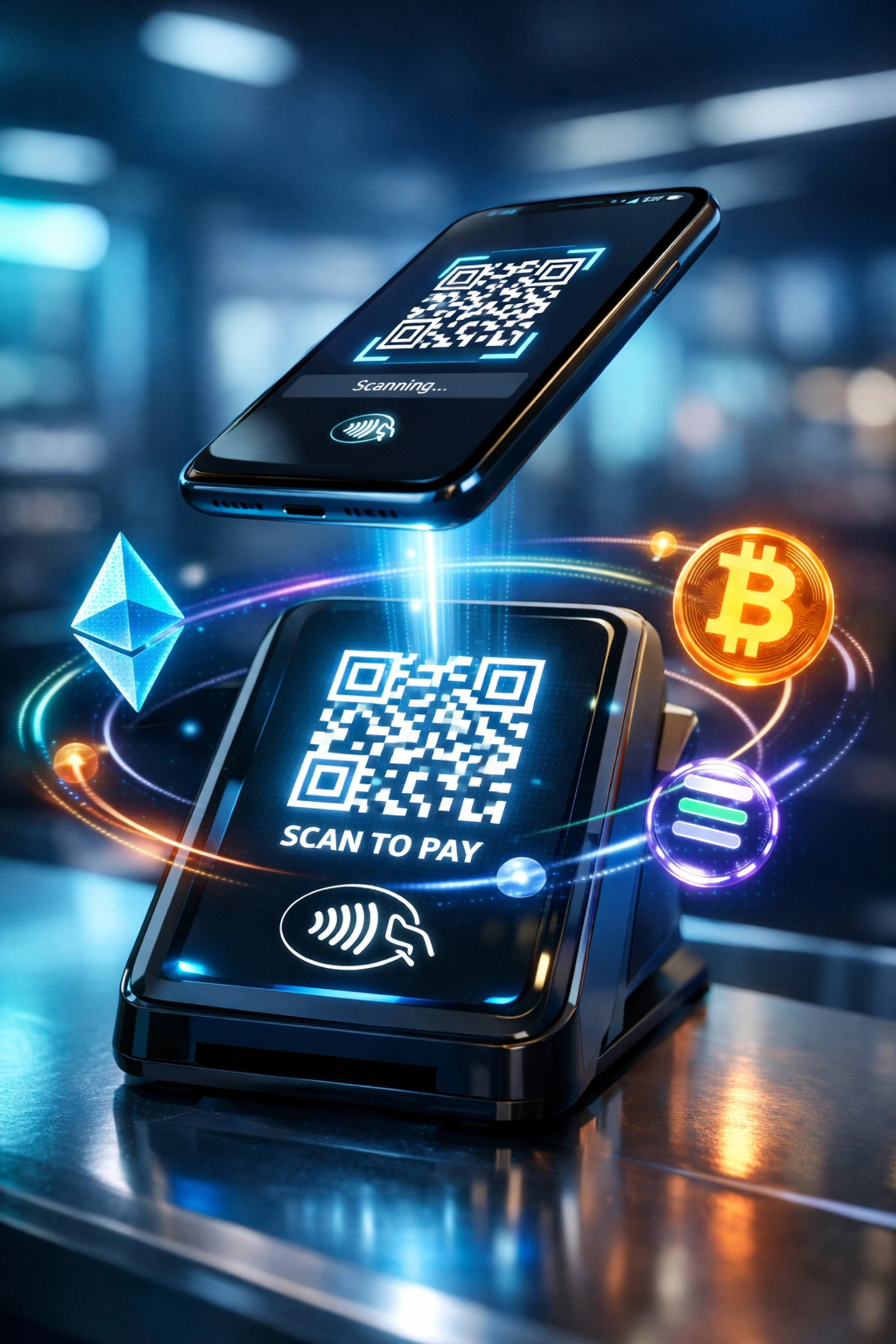 Crypto POS terminal with QR code accepting Web3 payments from customer smartphone