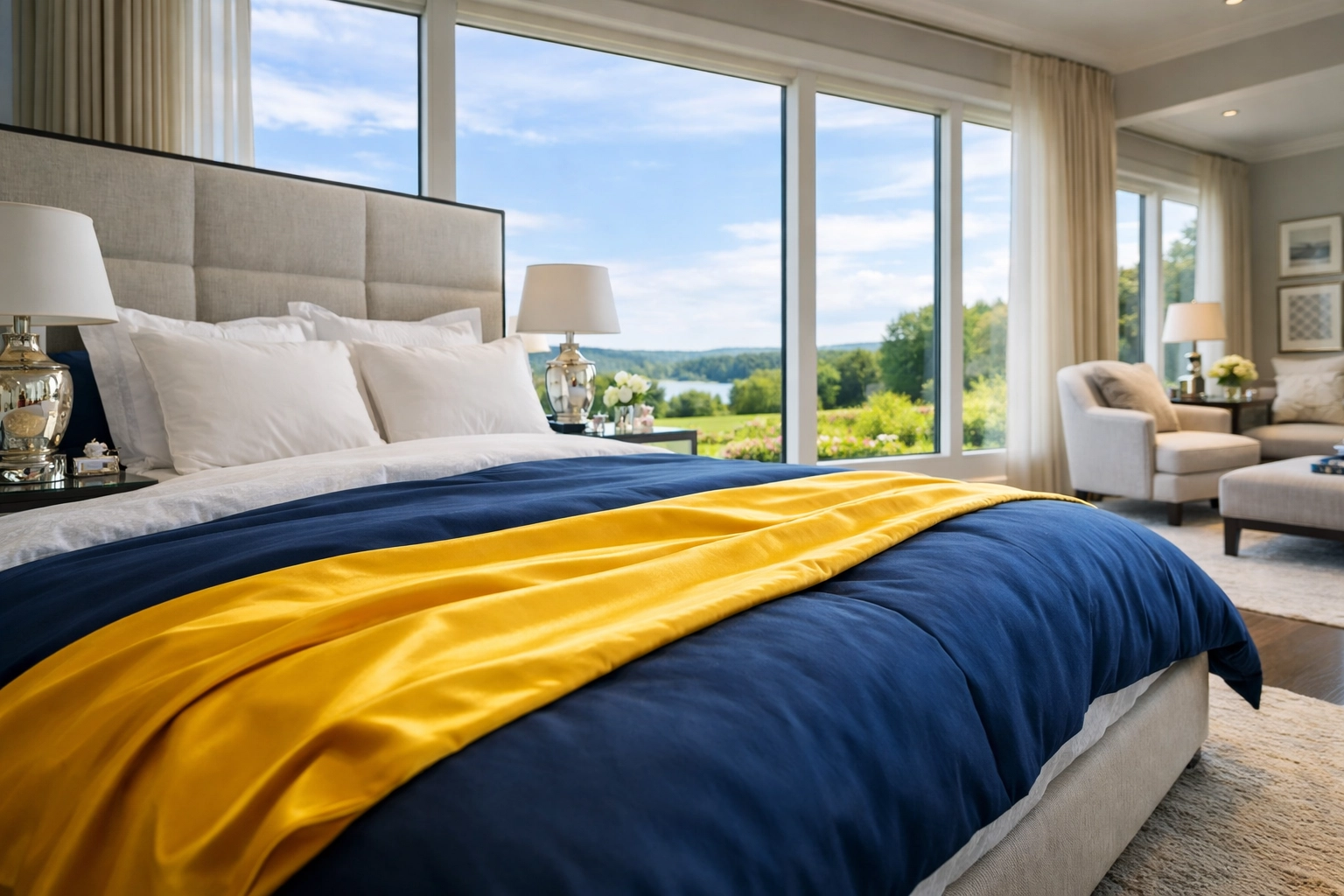 Immaculate luxury bedroom suite showcasing the results of thorough residential cleaning Massachusetts.