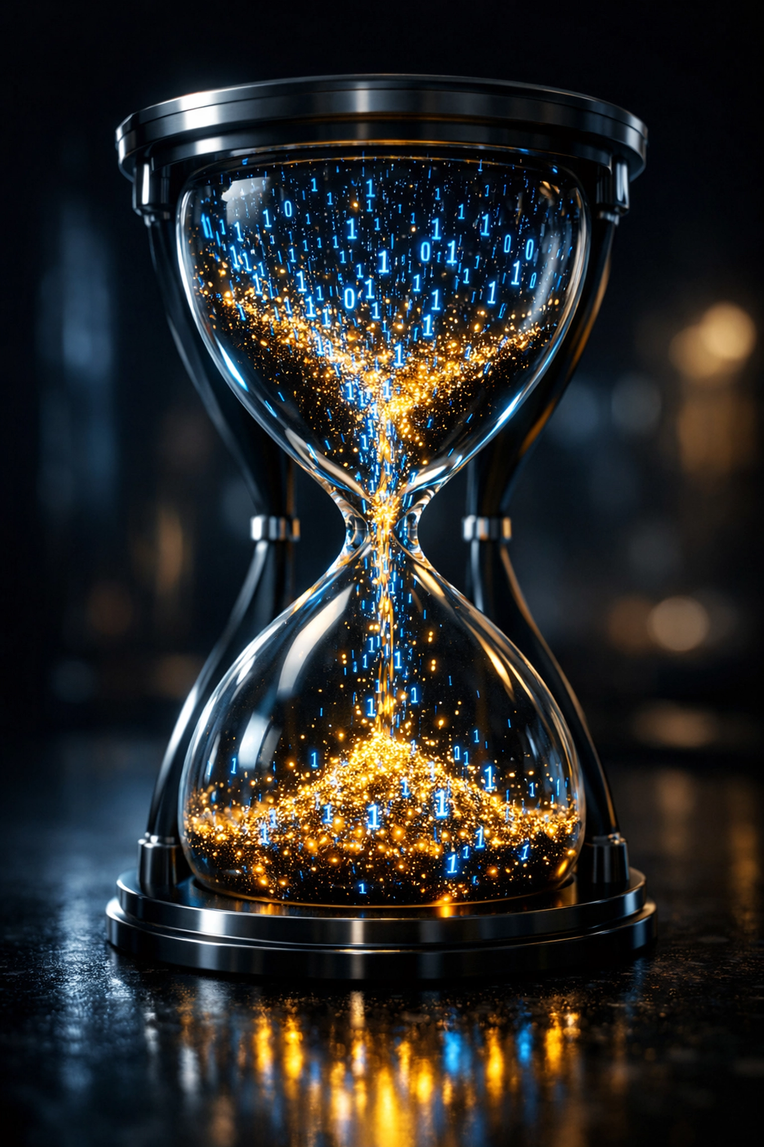 Futuristic hourglass with binary code showing the importance of speed to automate business processes.