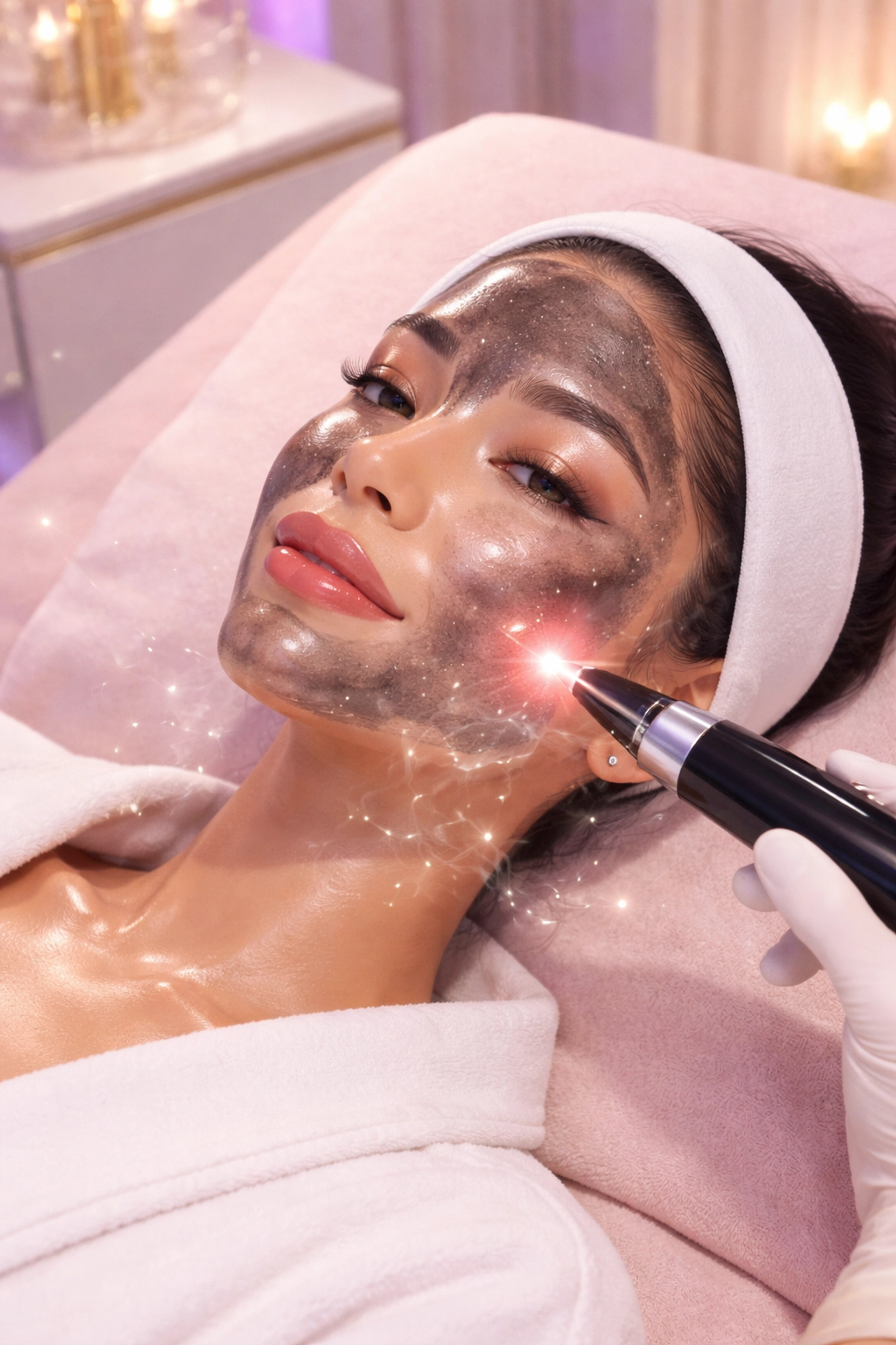 A woman enjoys a luxury carbon glow facial at an upscale med-spa, highlighting luminous, glass-like skin results.