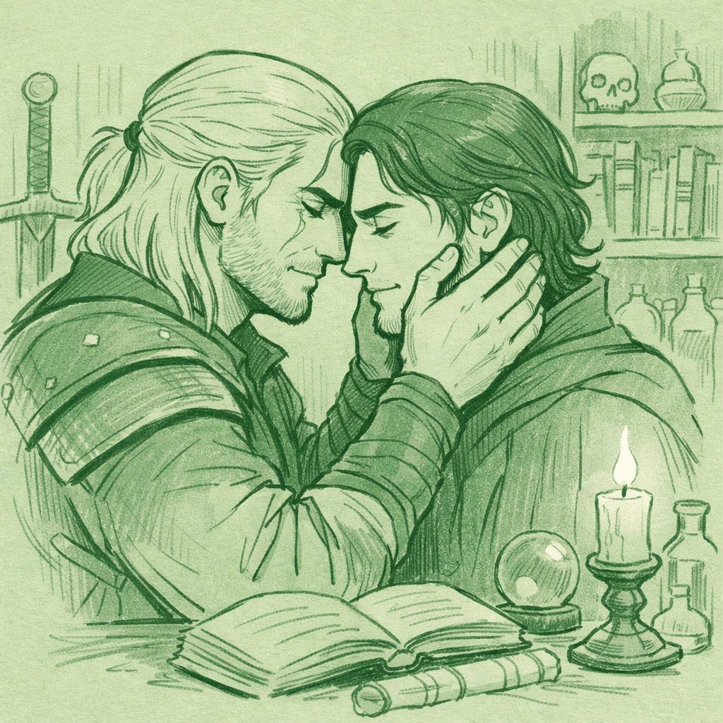 Intimate embrace between witcher and sorcerer in emotional MM fantasy romance scene