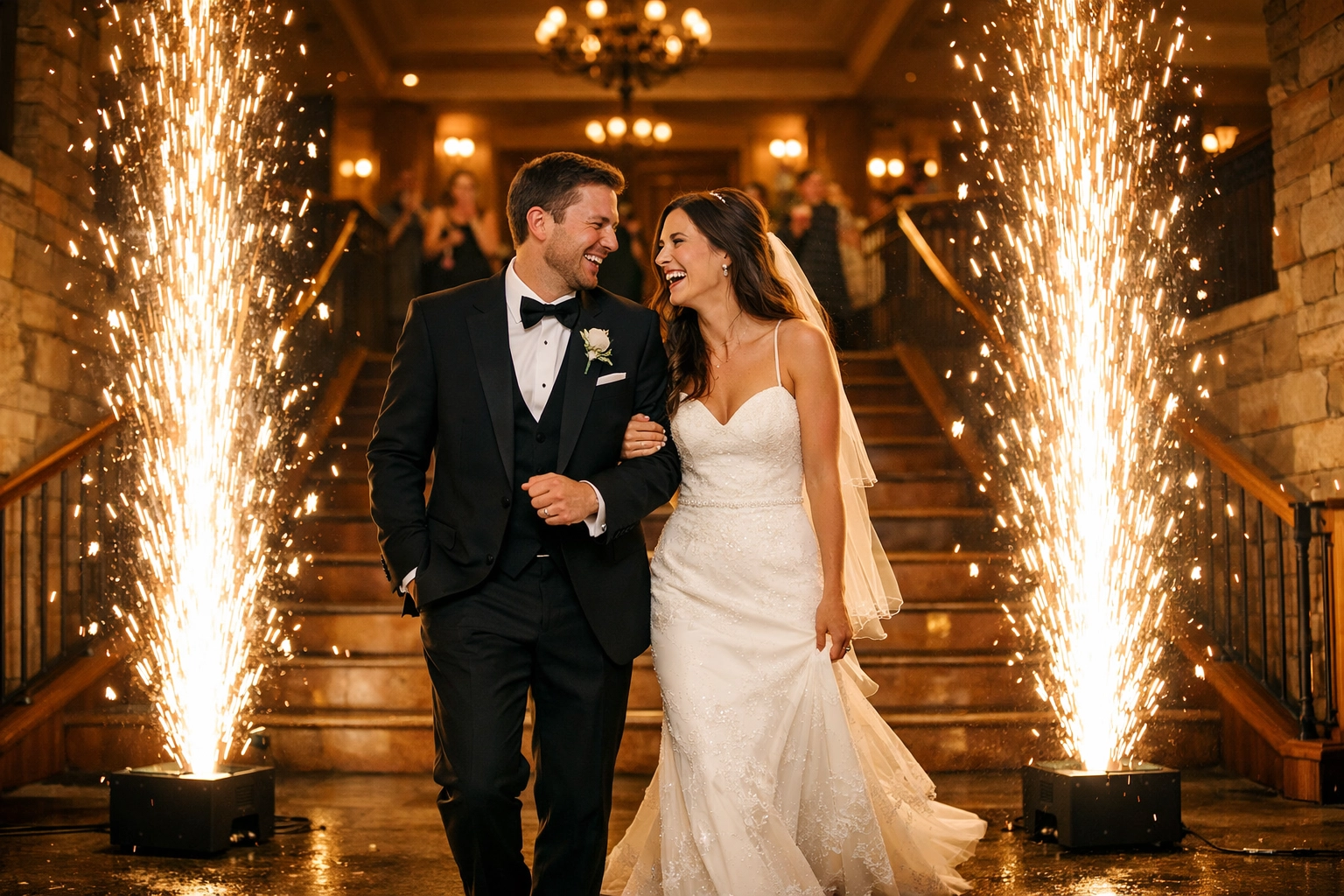 Golden Cold Spark fountains framing a bride and groom during a cinematic wedding exit at an indoor venue.