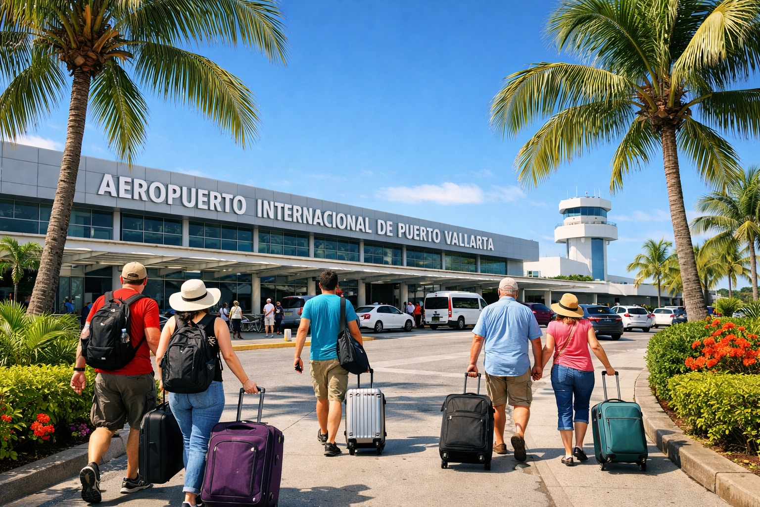 Puerto Vallarta Airport arrivals area with travelers and transfer vehicles