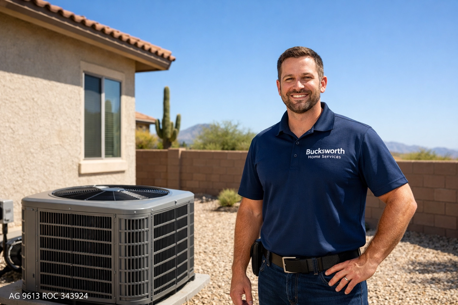 Bucksworth Home Services technician inspecting a Tucson AC unit for home energy savings and HVAC efficiency.