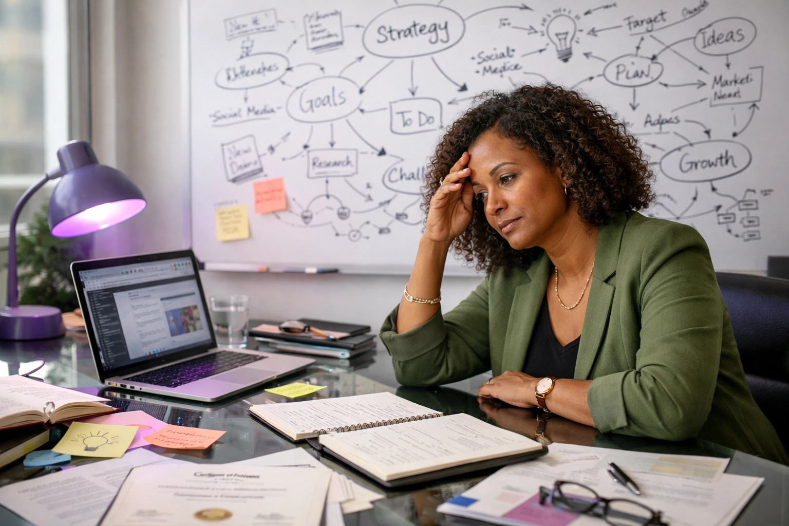 Female entrepreneur surrounded by scattered ideas and certifications experiencing strategic overwhelm