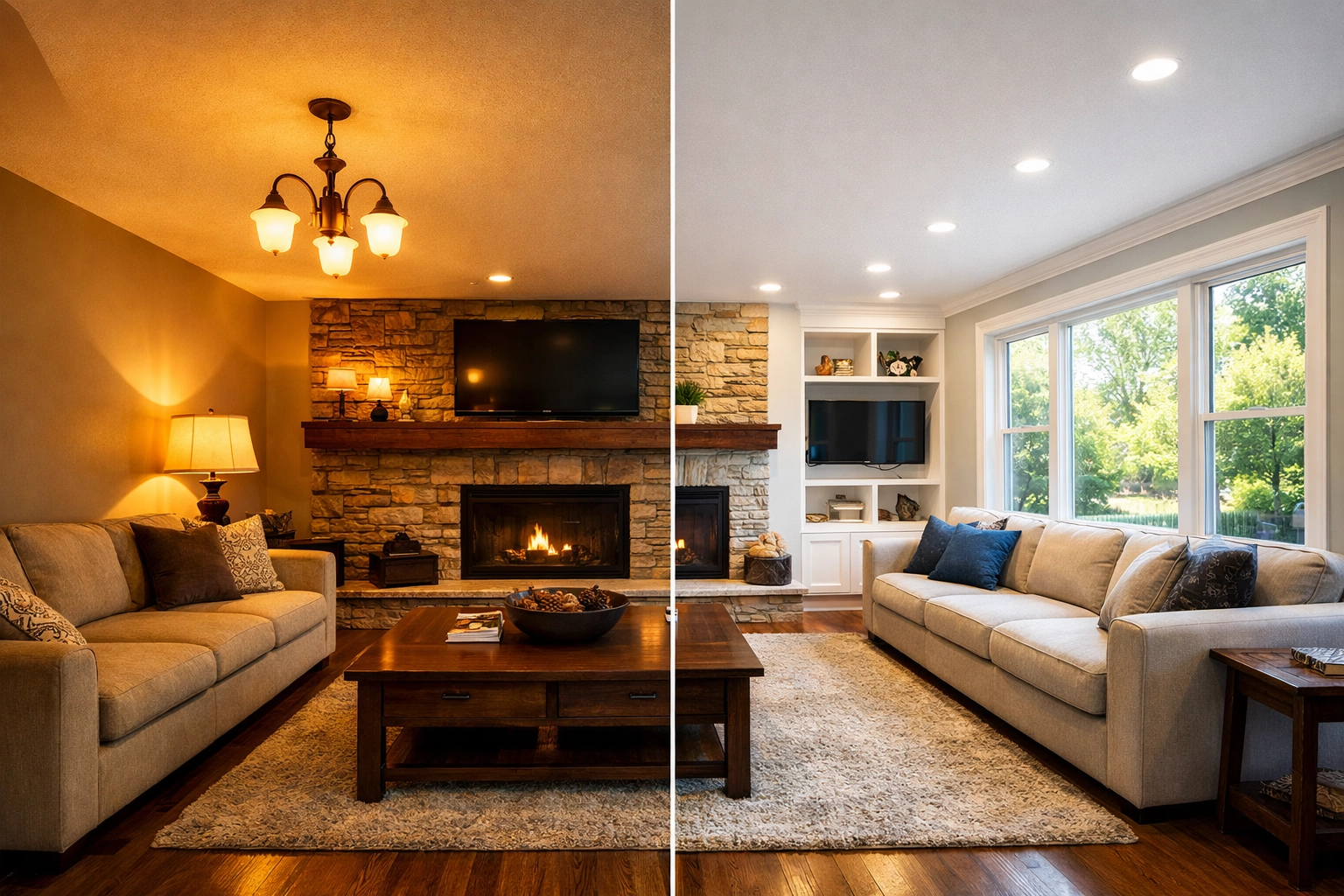 Aurora living room showing energy savings comparison between old incandescent and LED lighting