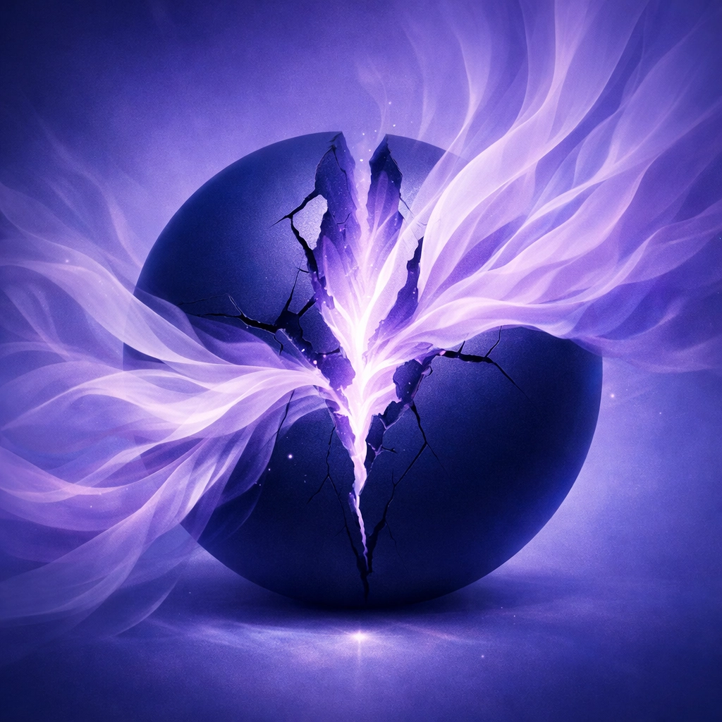 A rigid shell cracking to release glowing light, symbolizing the shift from masking burnout to authentic living.