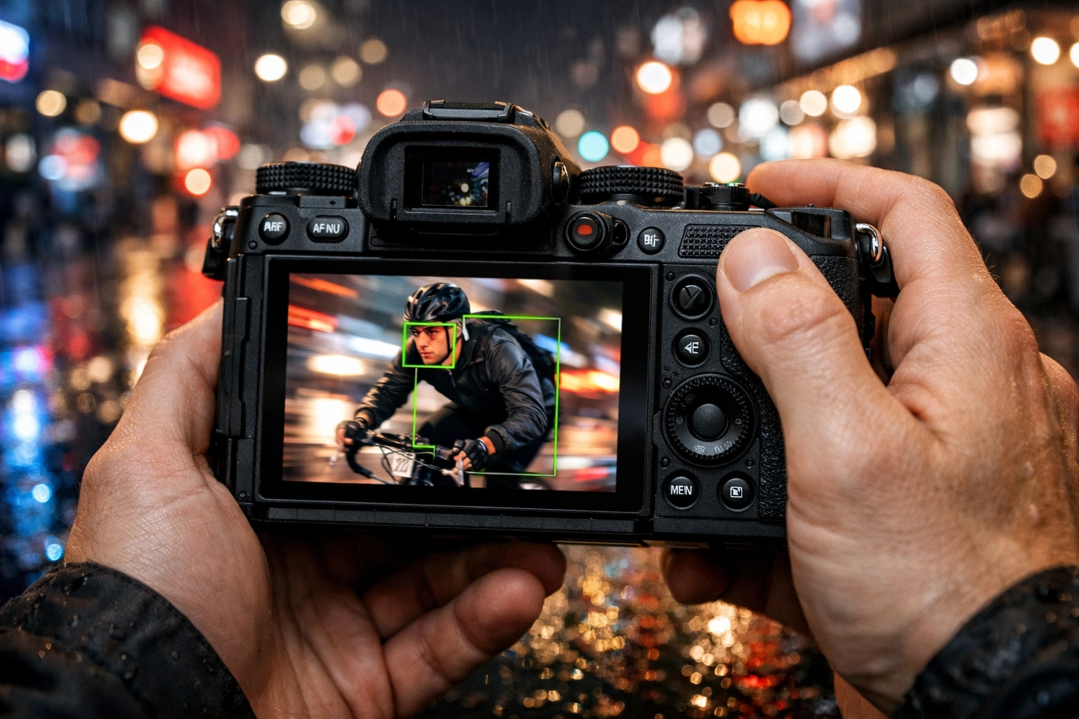 Mirrorless camera with AI autofocus tracking in a neon city, highlighting 2026 photography news trends.