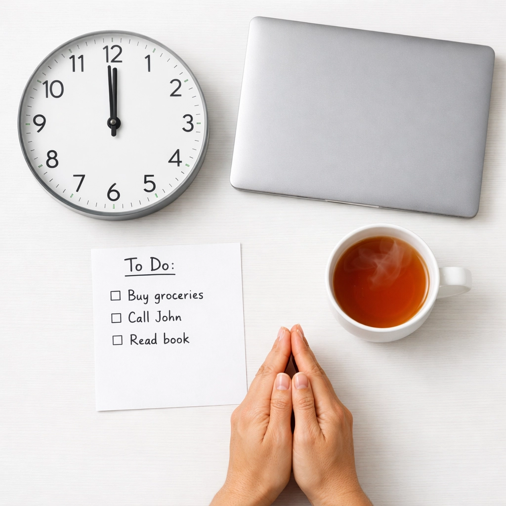 Desk at noon with clock, prayer hands, and tea representing intentional news routine