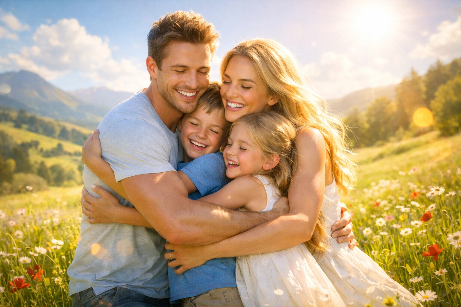 A joyful family embracing in a bright meadow, symbolizing the biblical promise of glorified, resurrected bodies.