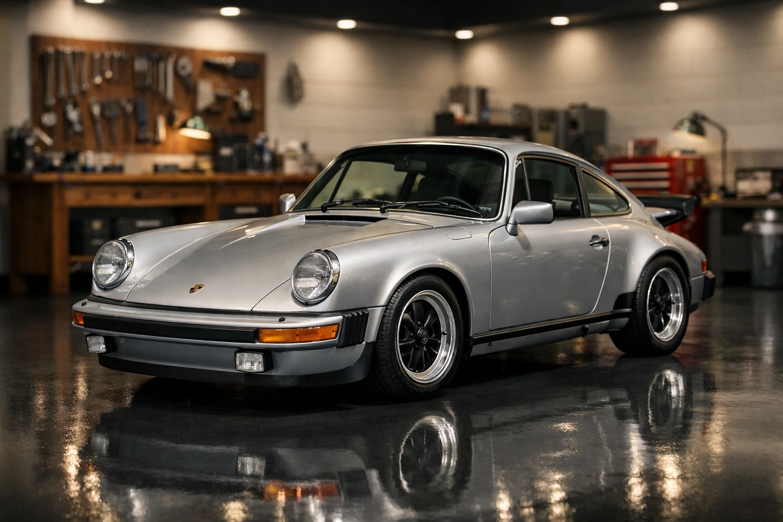 Silver vintage Porsche 911 safely stored in a climate-controlled Litchfield County garage.