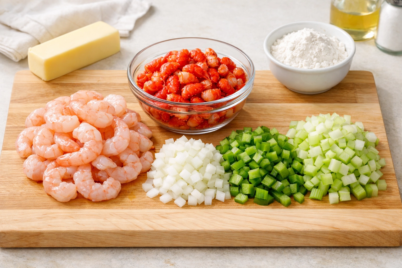 Ingredients for Cajun crawfish etouffee including shrimp, crawfish tails, and the Holy Trinity on a cutting board.