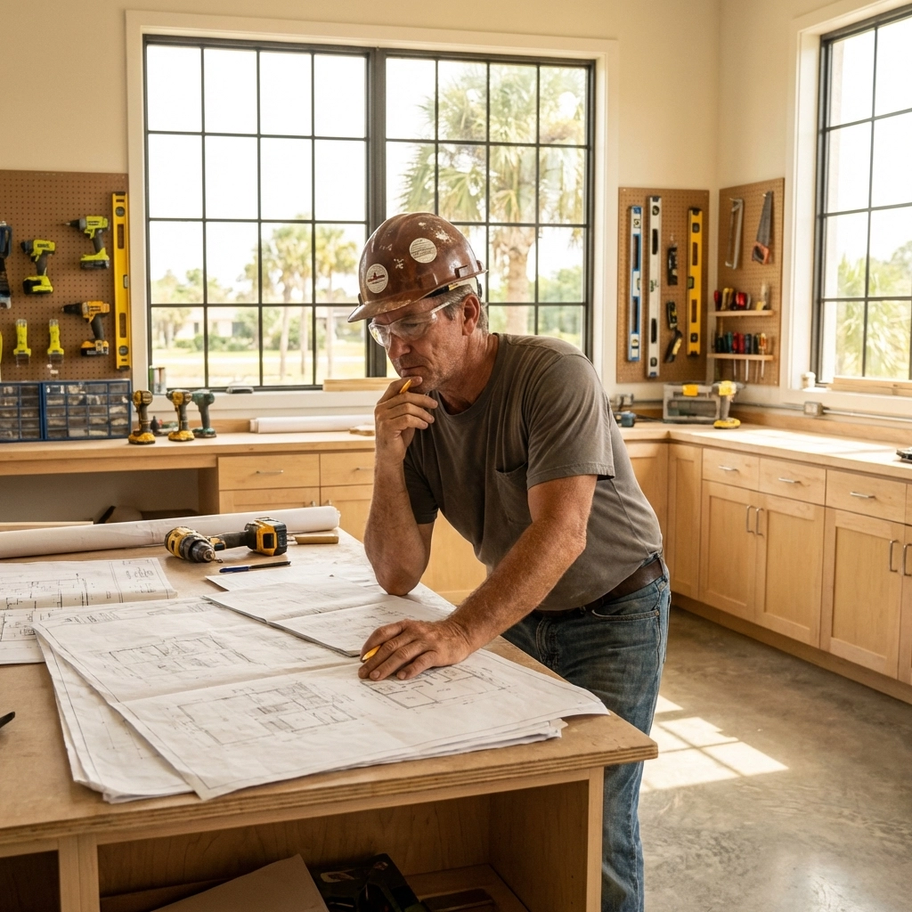 South Florida construction worker reviewing blueprints, representing R&D tax credit eligibility for trades and service businesses
