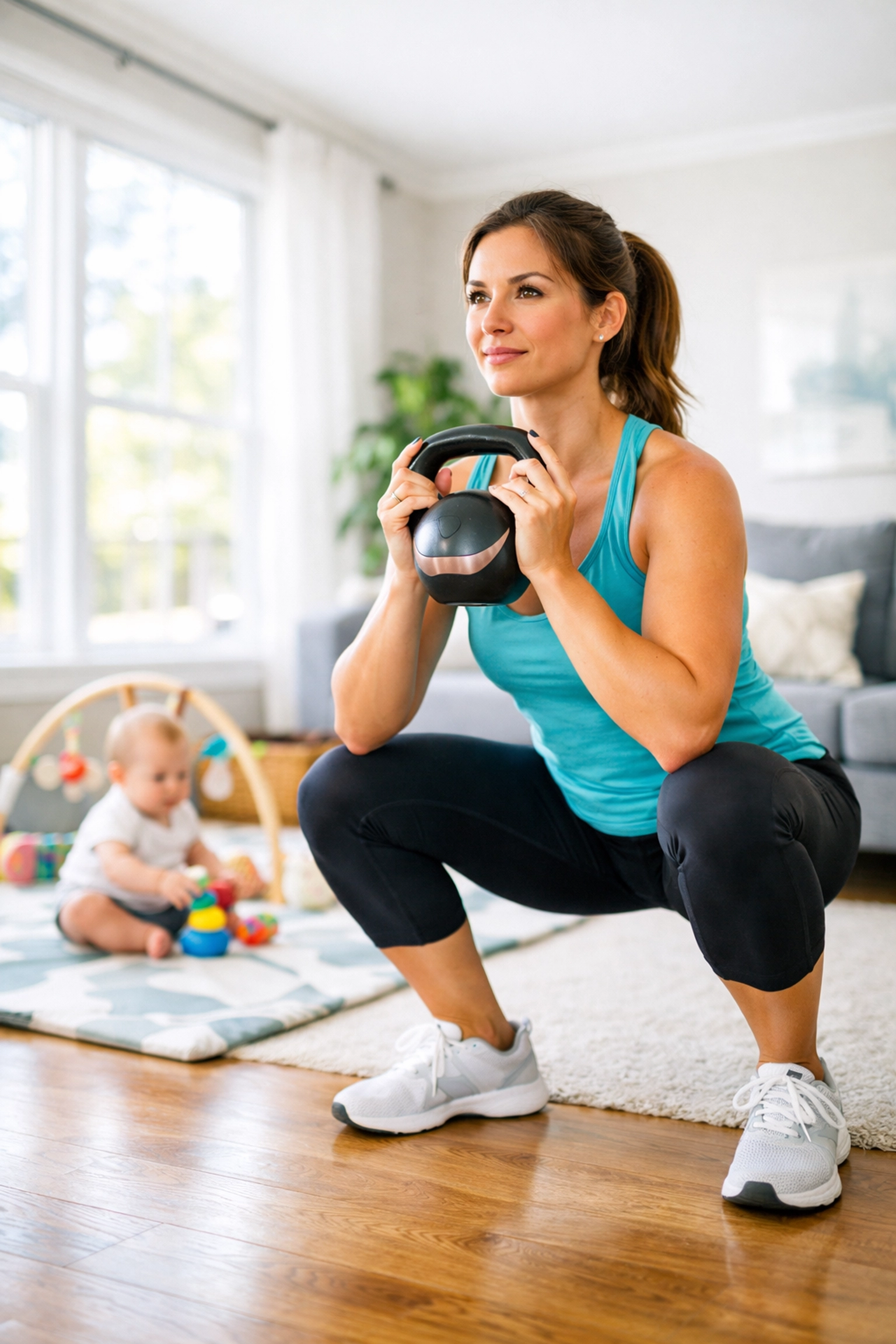 A mother performing a goblet squat with a kettlebell to build functional strength for postpartum fitness.