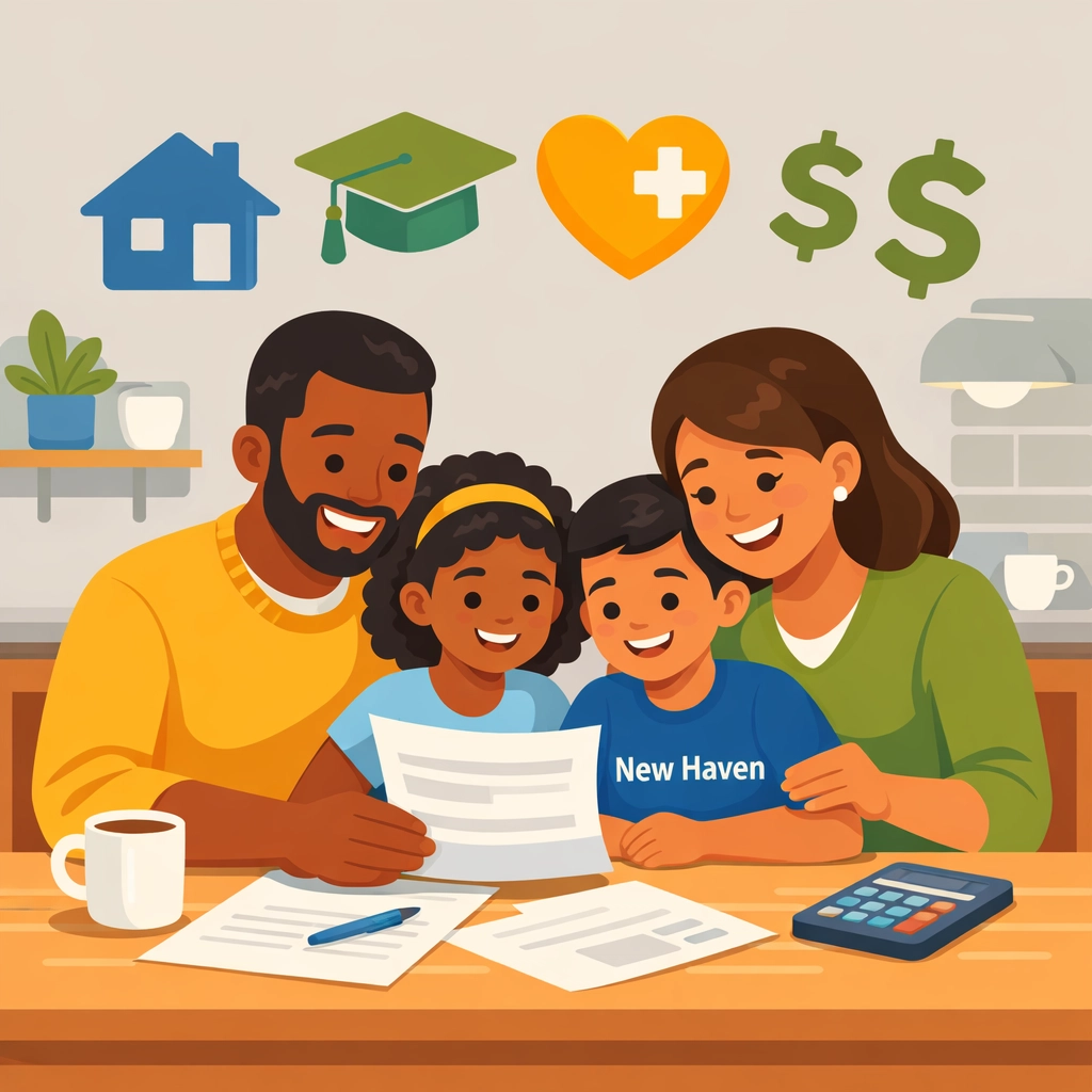 New Haven family reviewing tax benefits and credits at kitchen table