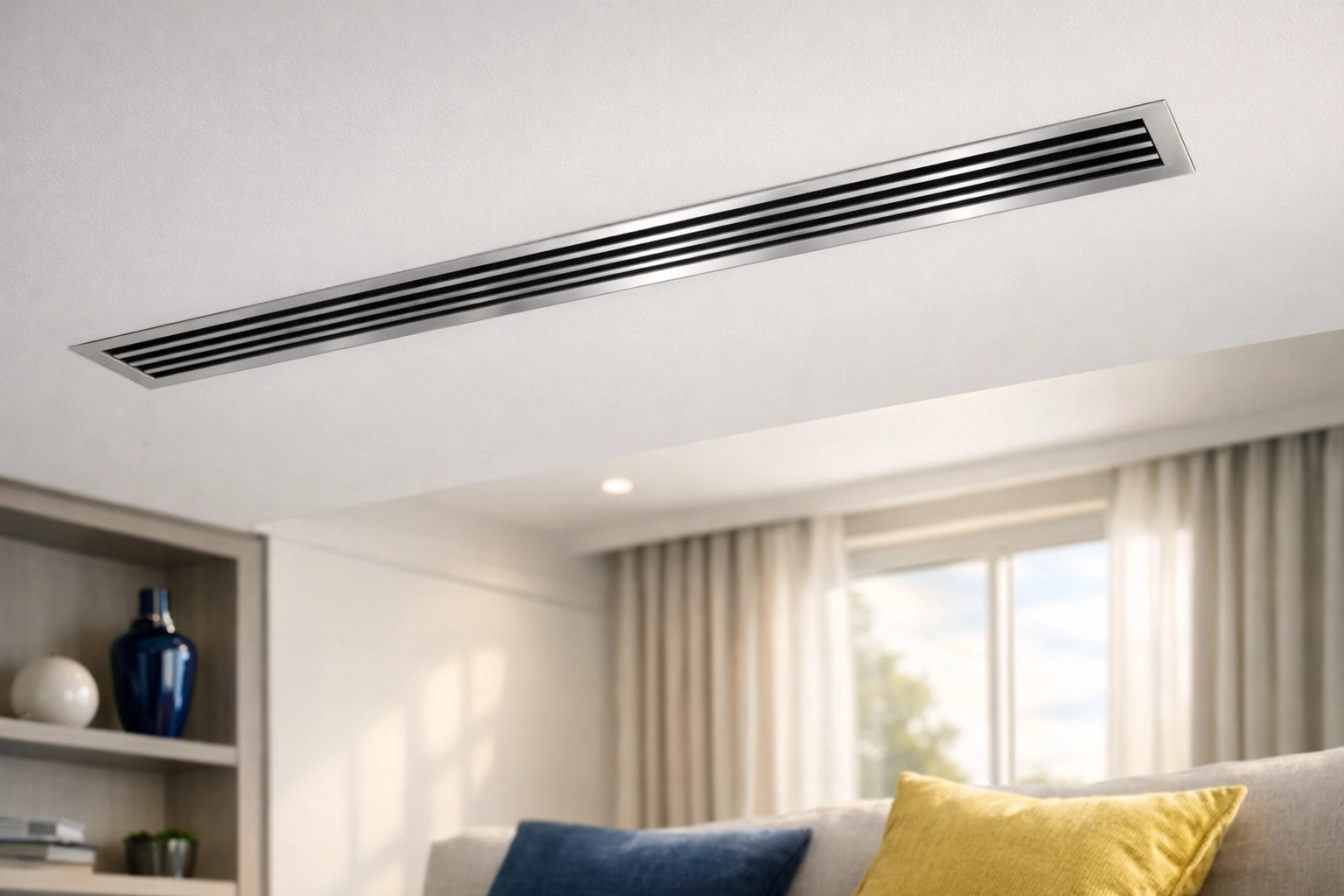 A clean modern air vent on a white ceiling for better air quality in a healthy home.