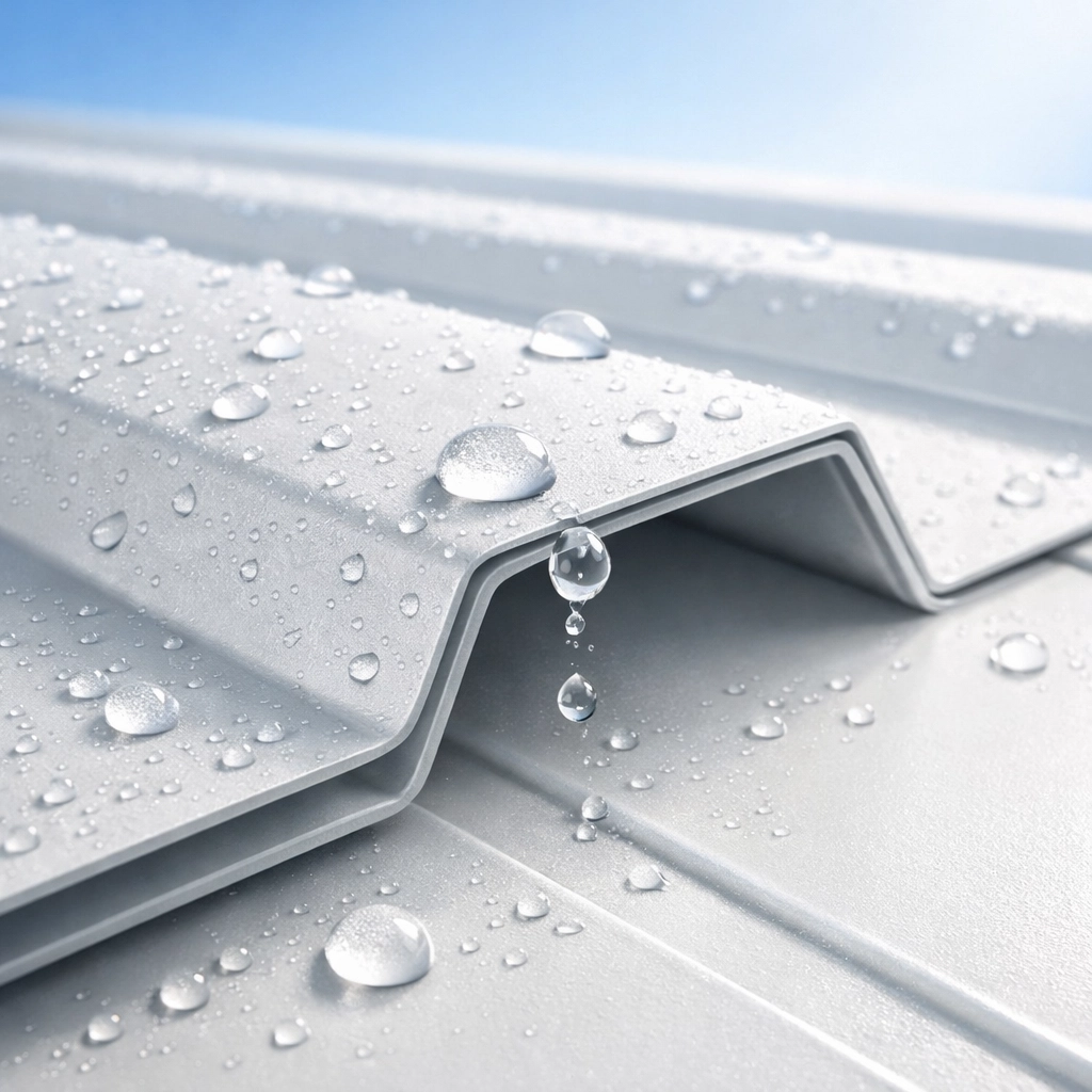 Close-up of water beading on a corrosion-resistant metal roof with advanced coastal protective coating.