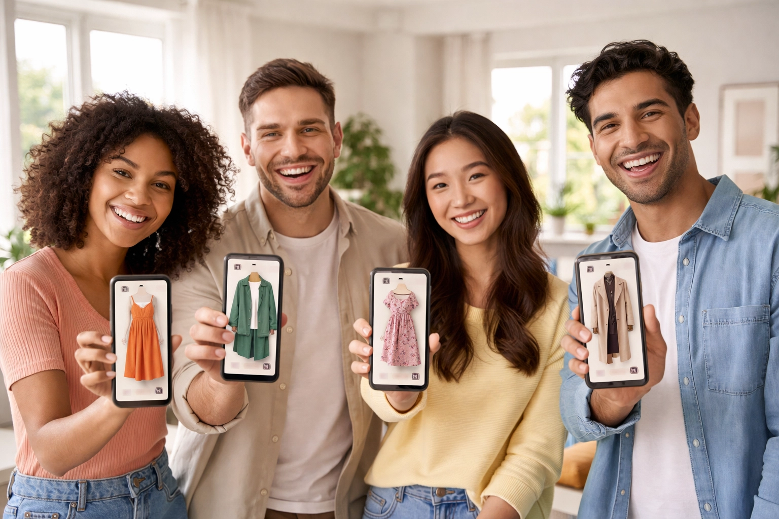 A group of shoppers using smartphones to virtually try on clothes in a bright living room, highlighting virtual try-on technology in 2026.