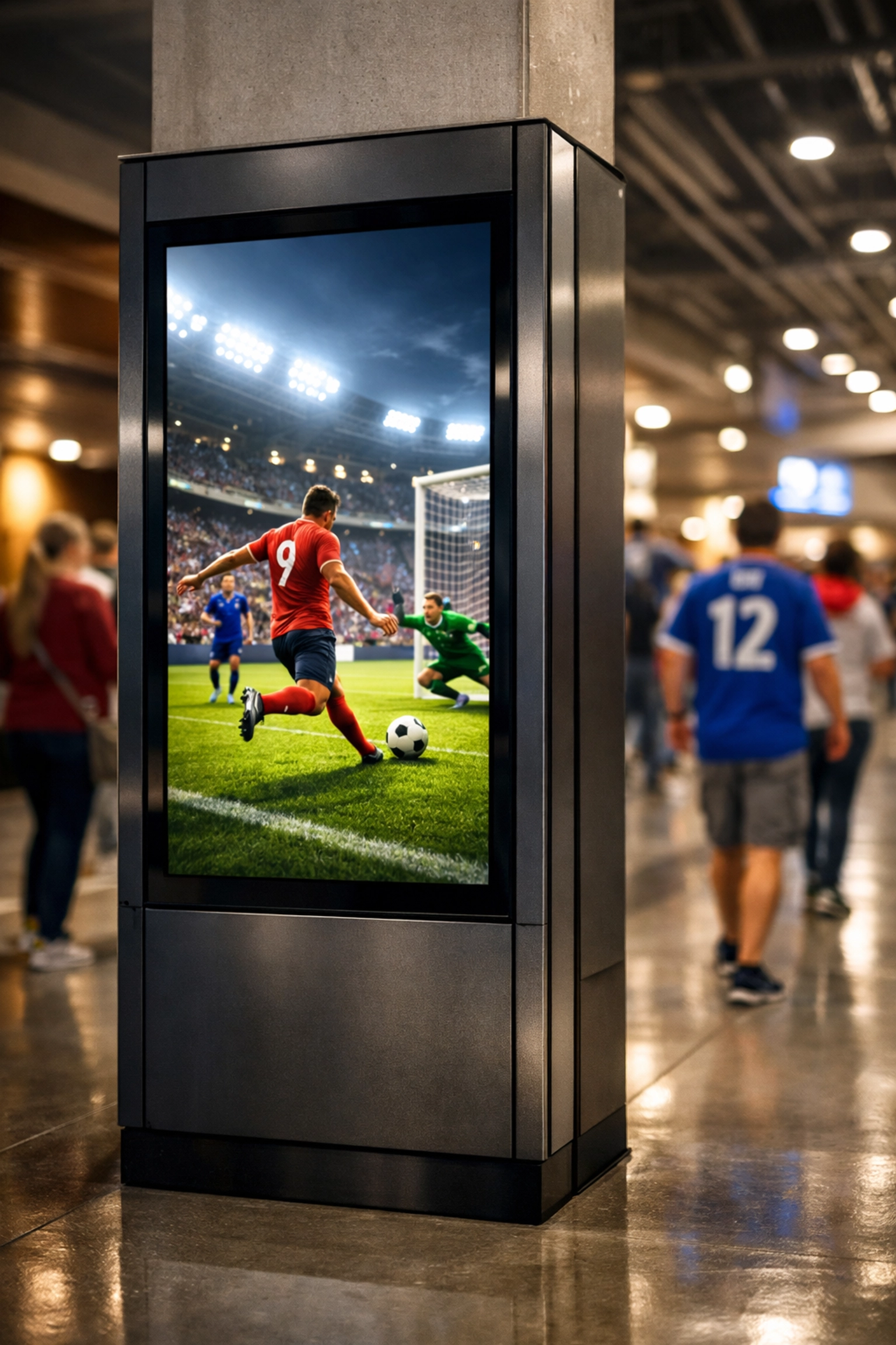 Digital advertising kiosk in a sports arena concourse displaying soccer content to engage fans.
