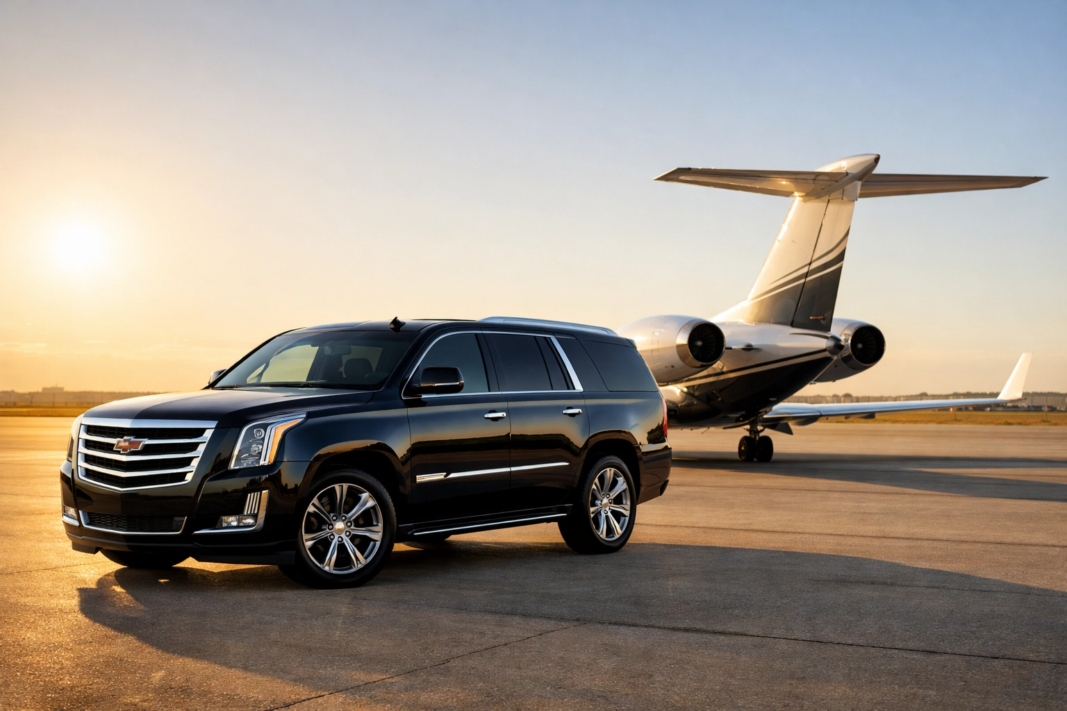 Luxury executive transport vehicle and private jet representing elite corporate travel and seamless logistics.