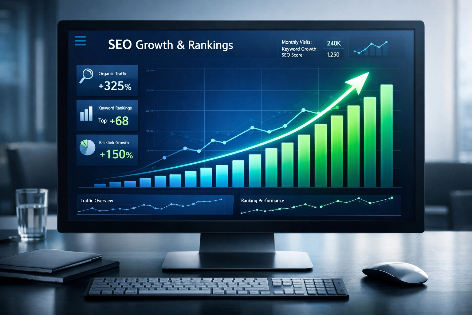 SEO growth and ranking success visualization with upward trending results by Simon Leung