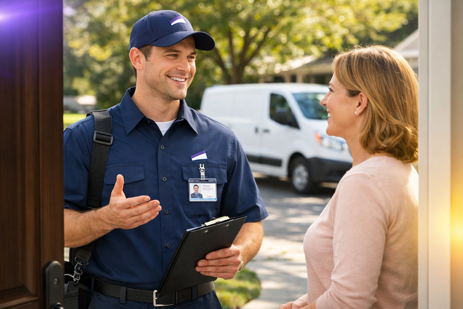 Service technician talking to a homeowner, showing local business trust and service delivery.