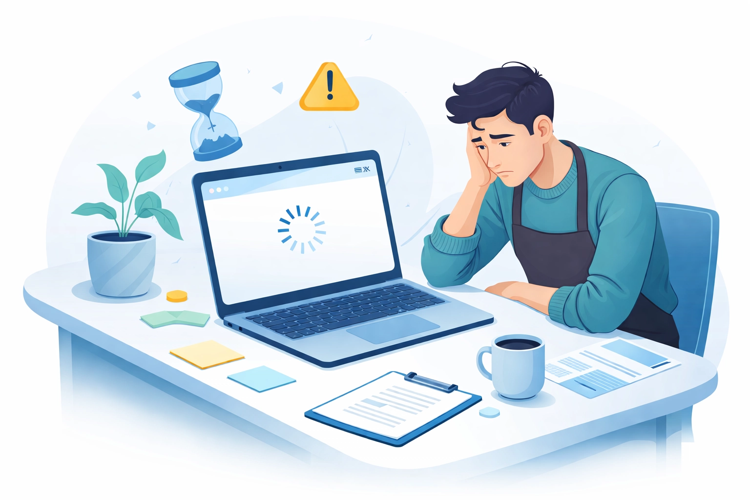 Frustrated Alpharetta business owner at laptop with slow website, highlighting need for web redesign