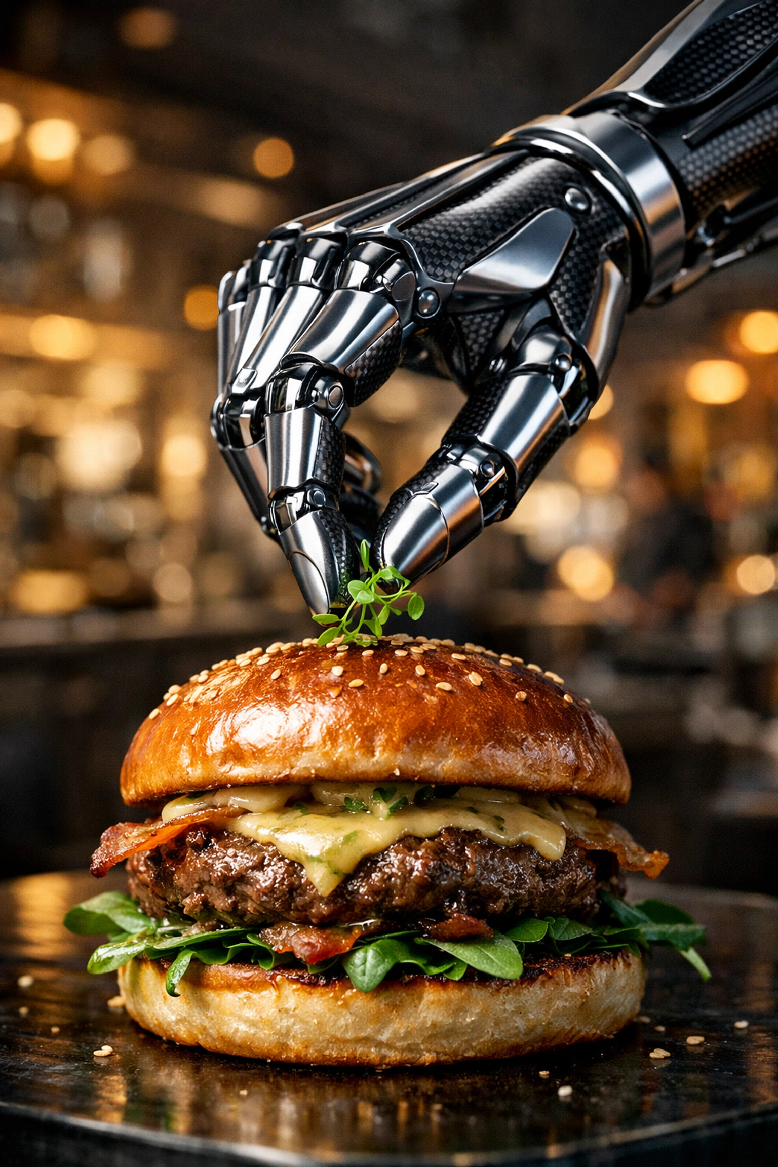 A robotic hand placing a garnish on a burger, representing precision in hospitality brand execution.