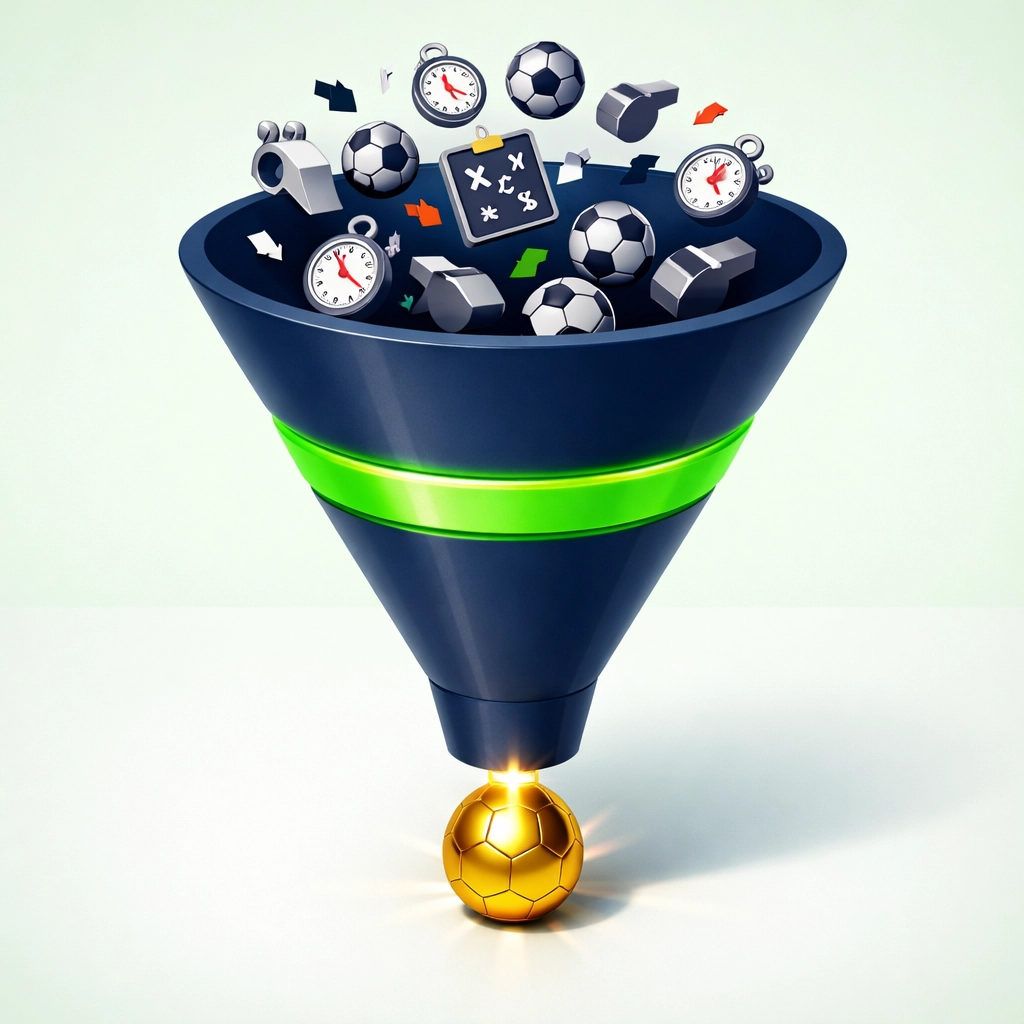 A strategy funnel turning live football match statistics into professional betting decisions.