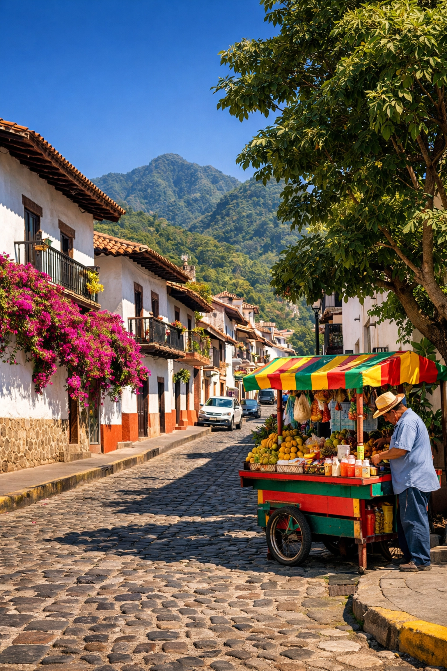 Vibrant cobblestone street in Old Town Puerto Vallarta featuring traditional architecture and mountain views.