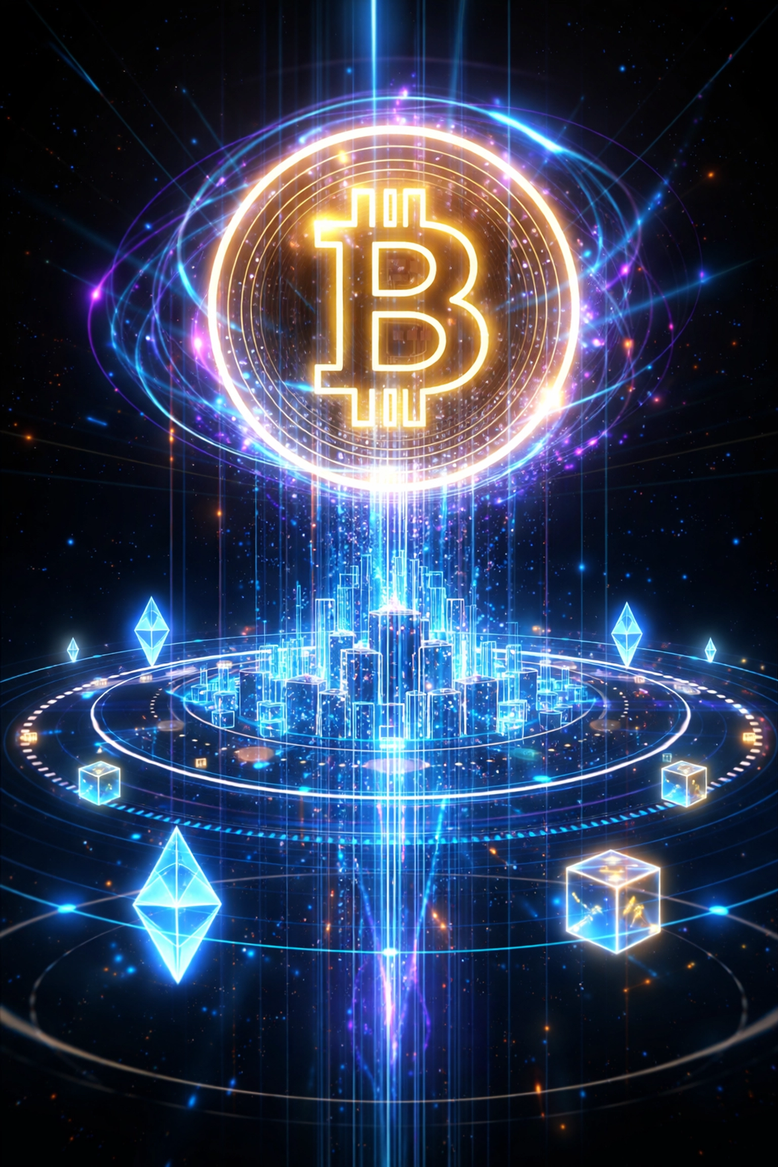 Glowing Bitcoin, Ethereum, and tokenized assets symbolize institutional-grade digital and innovative investments for 2026 portfolios.