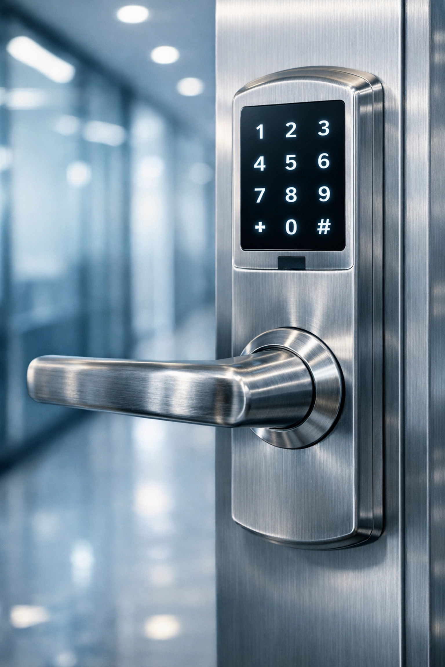 Sanitized brushed-metal office door handle and keypad in a clean, professional corporate hallway.