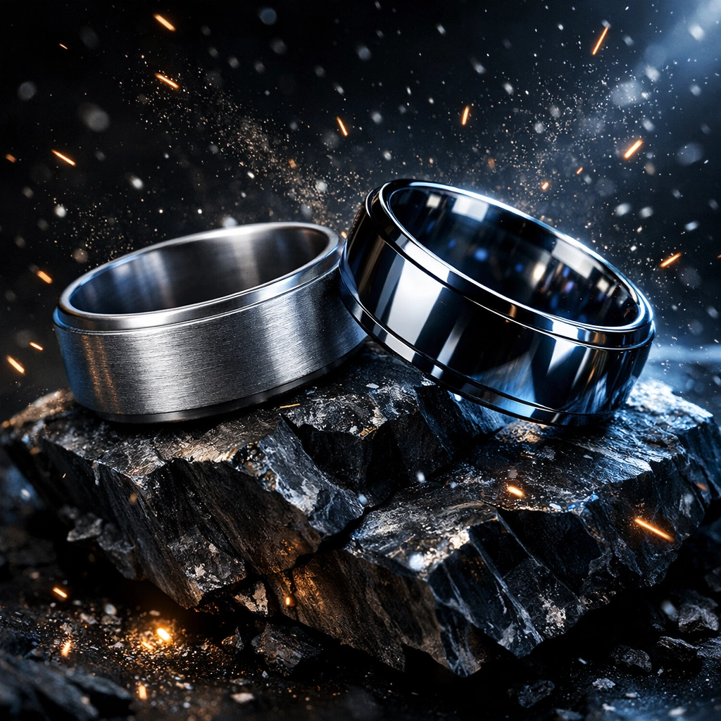 Durable brushed titanium and polished tungsten men's rings resting on a dark rugged rock surface.