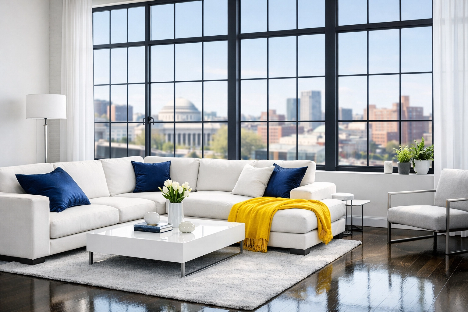 Clean modern living room in Kendall Square showcasing professional house cleaning Cambridge MA.